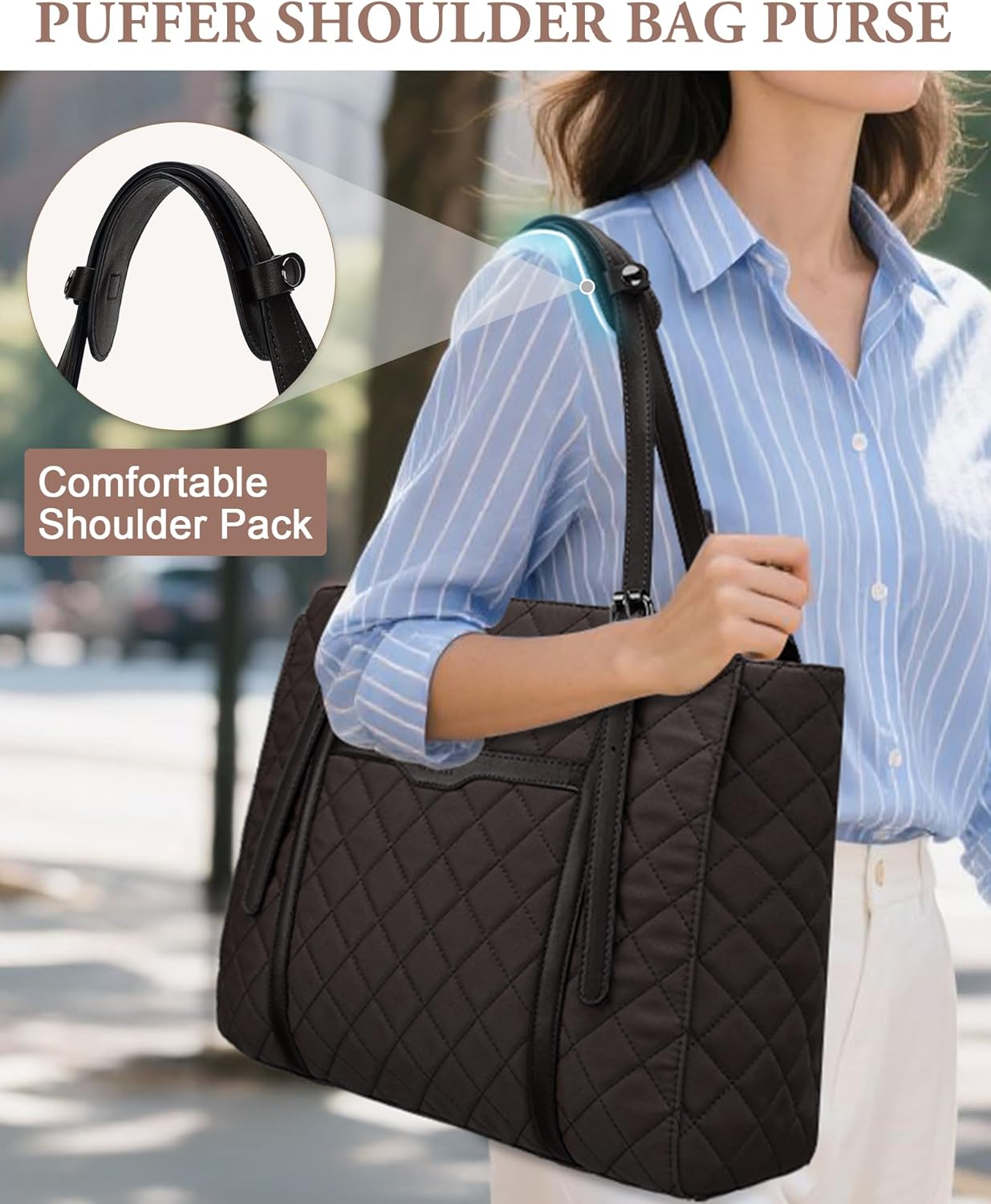 VASCHY Quilted Laptop Tote Bag for Women, Medium Puffer Work Shoulder Bag Purse