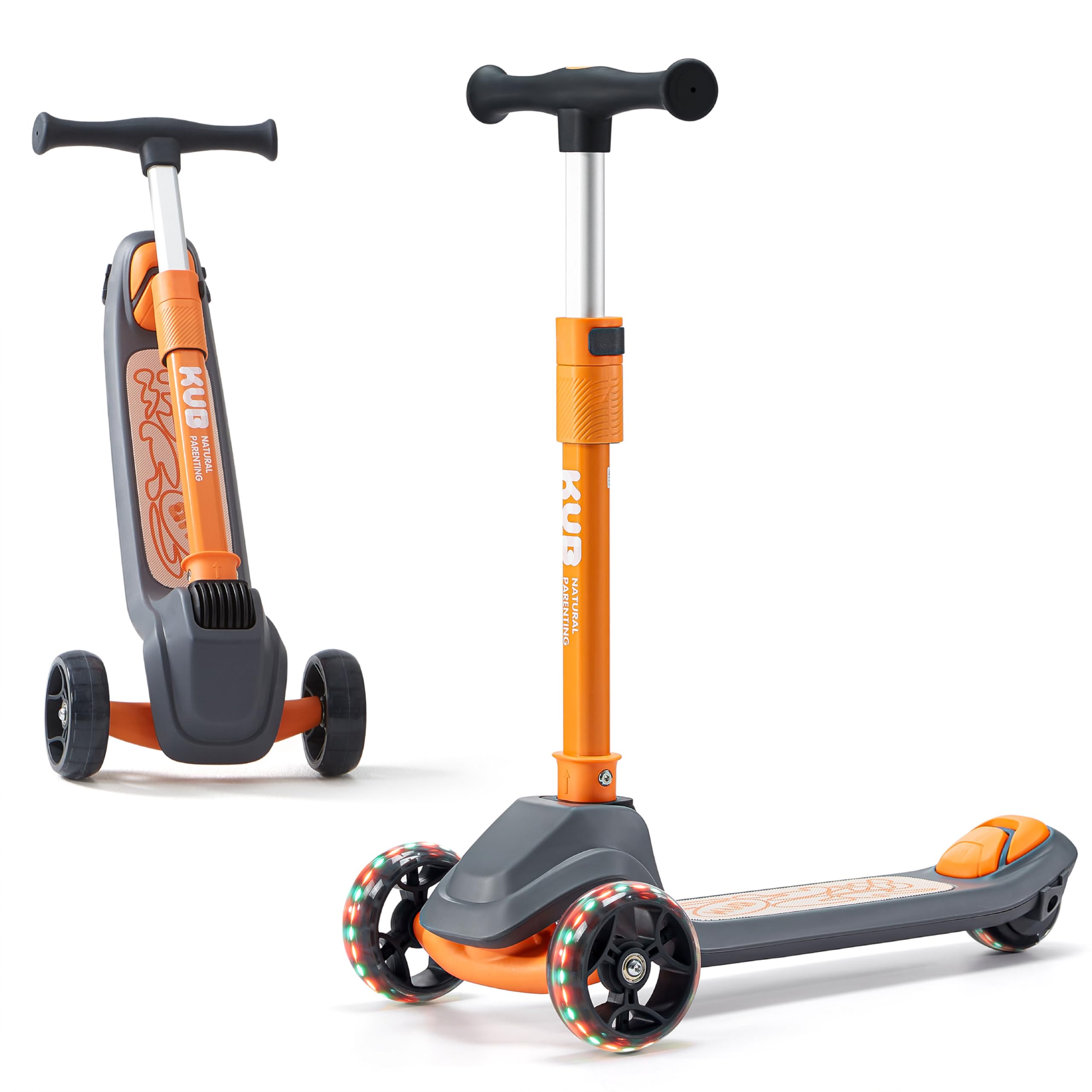 KUB Toddler Scooter for Kids Ages 2+, 3 Wheel Kick Scooter with LED Light-Up Wheels, Adjustable Height Handlebar, Lean-to-Steer, Anti-Slip Deck, Easy-Fold Design, Gift for Boys and Girls