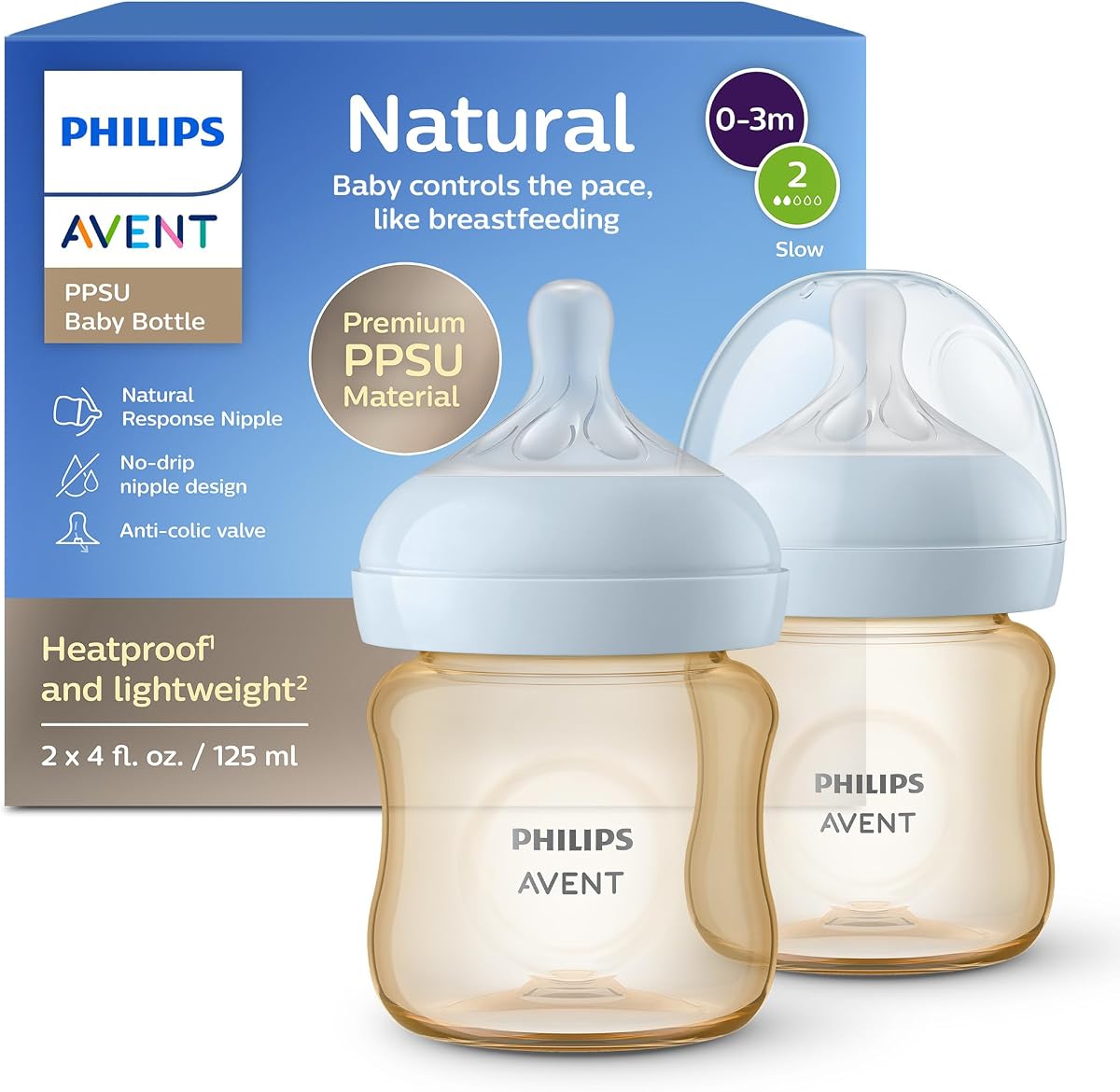 Biberones Philips Avent Natural PPSU, flujo lento, 4 oz, sin BPA | Flujo controlado por el bebé, diseño sin goteo, reduce los cólicos y los gases con válvula anticólicos, paquete de 2, SCY940/12