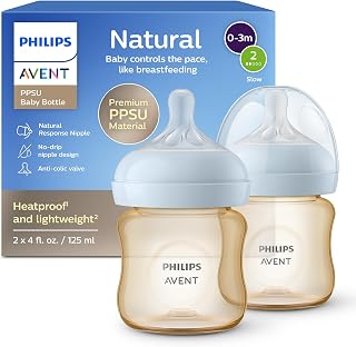 Philips Avent PPSU 천연 아기 젖병 - 느린 유속 젖꼭지 포함(플로우 2), 118.3ml(4온스), 2팩, SCY940/12