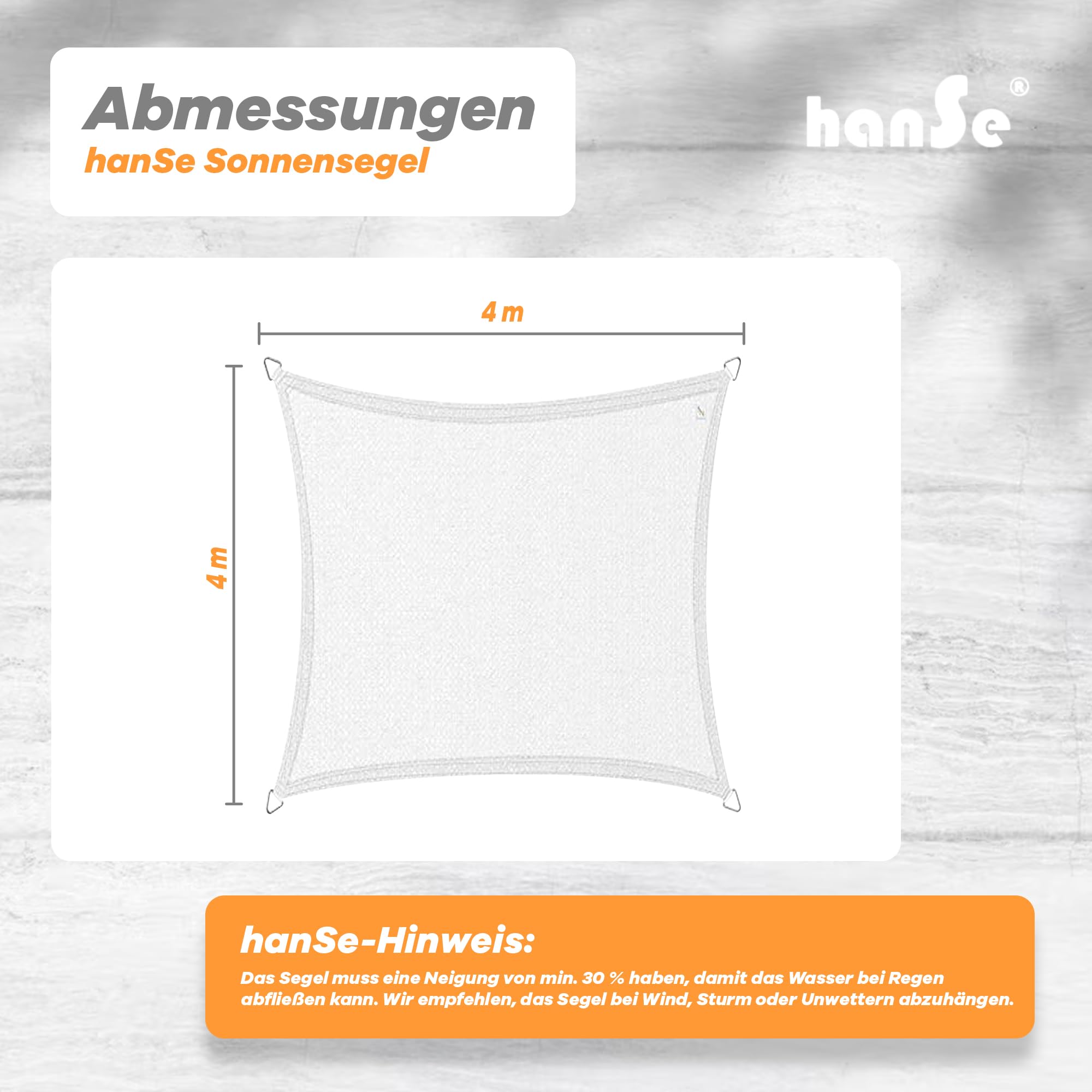 hanse lifestyle sonnensegel quadratisch, Segeltuch Quadrat, 4x4m in Weiß, aus HDPE Gewebe, wetterbeständig mit UV Schutz und Sonnenschutz für Garten, Balkon und Terrasse Mounting Clip Color:Grey Rutschfeste Radhandschuhe Fahrradhandschuhe Winter #flatpedalswinmedals