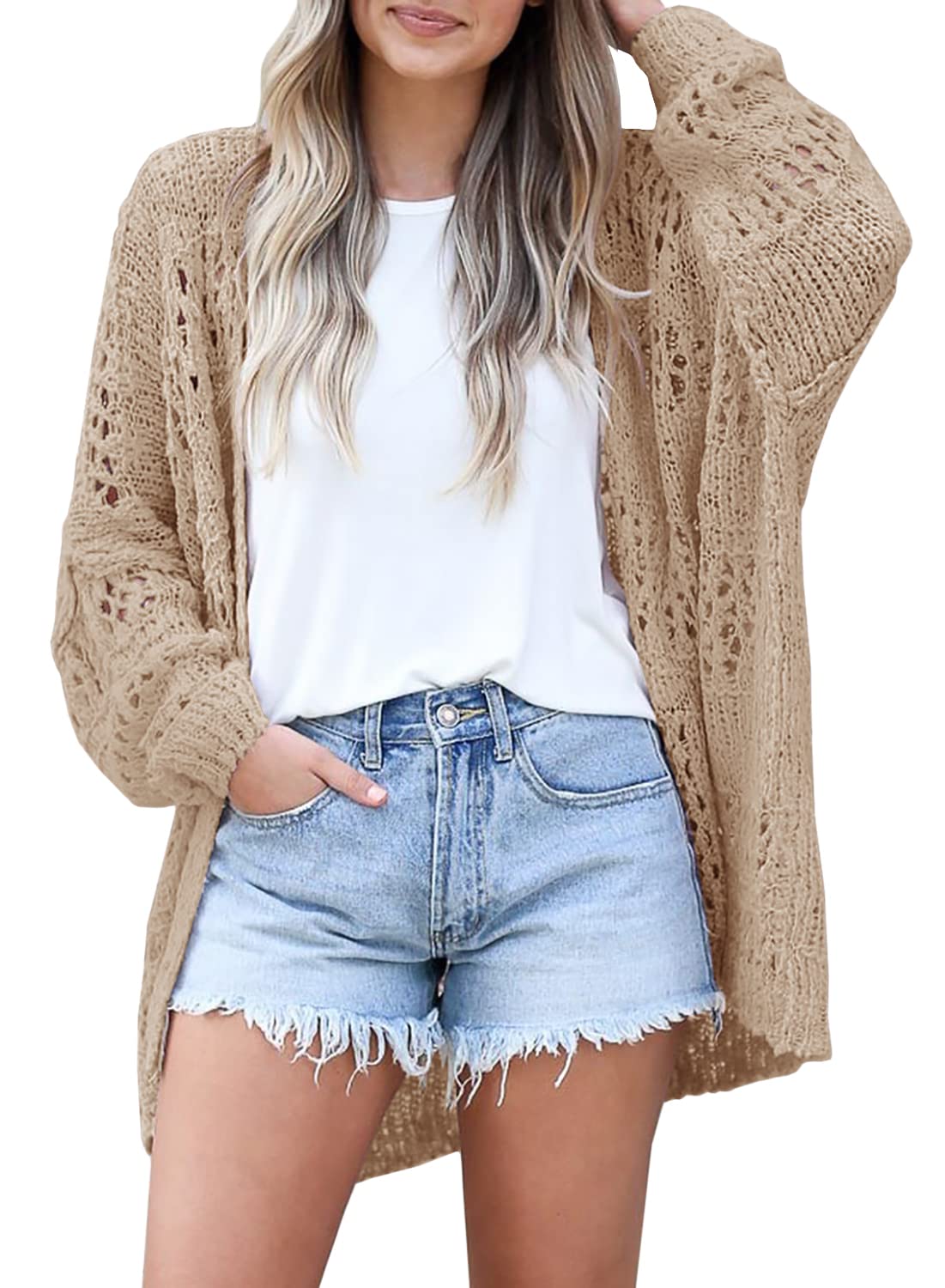 Ermonn Womens Crochet Cardigan Sweater Kimonos Boho Solid Color Oversized Spring Open Front Outwear