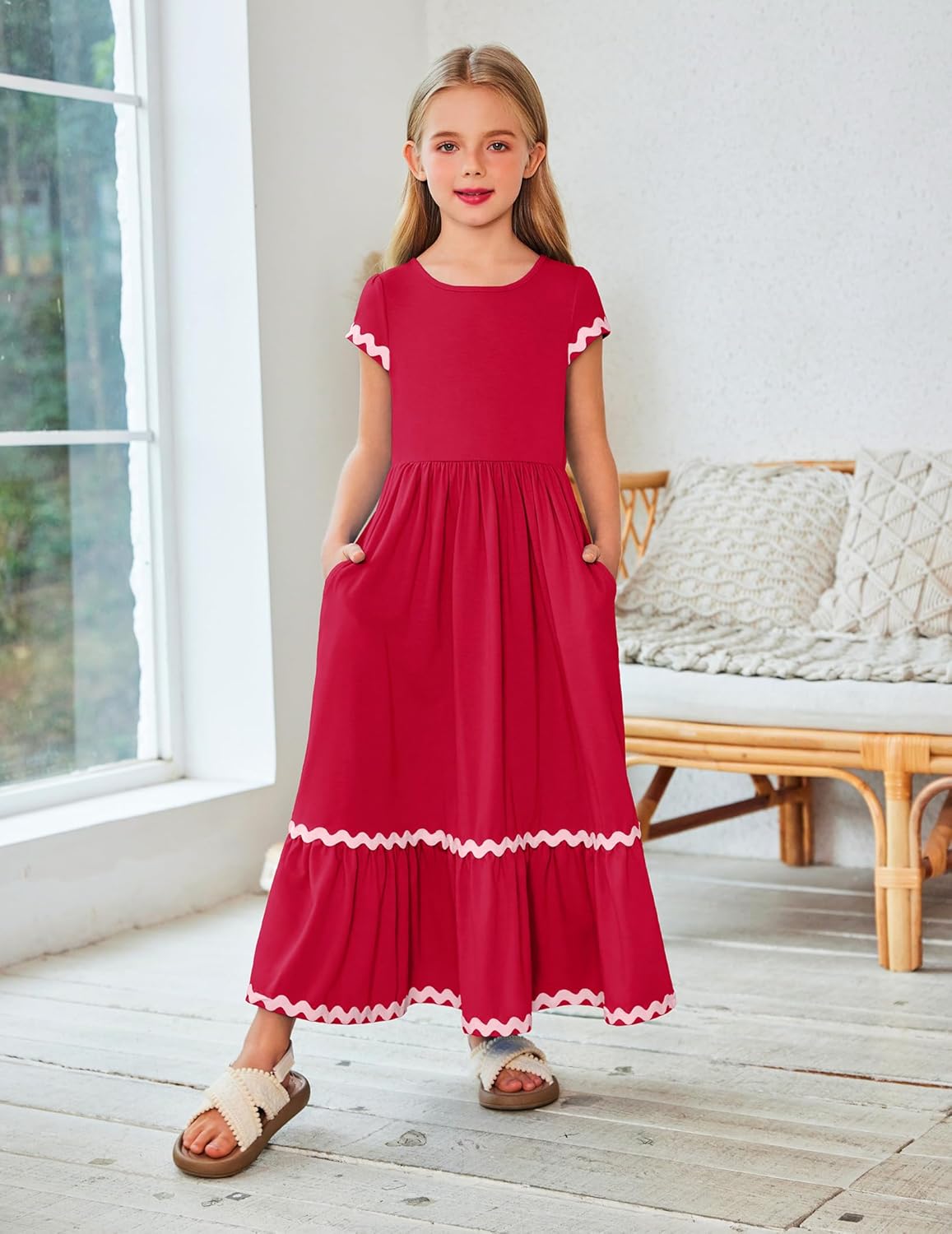 Arshiner Girls Summer Maxi Dresses Short Sleeve Casual Flowy Tiered Dress with Pockets for 4-14 Years - Image 3