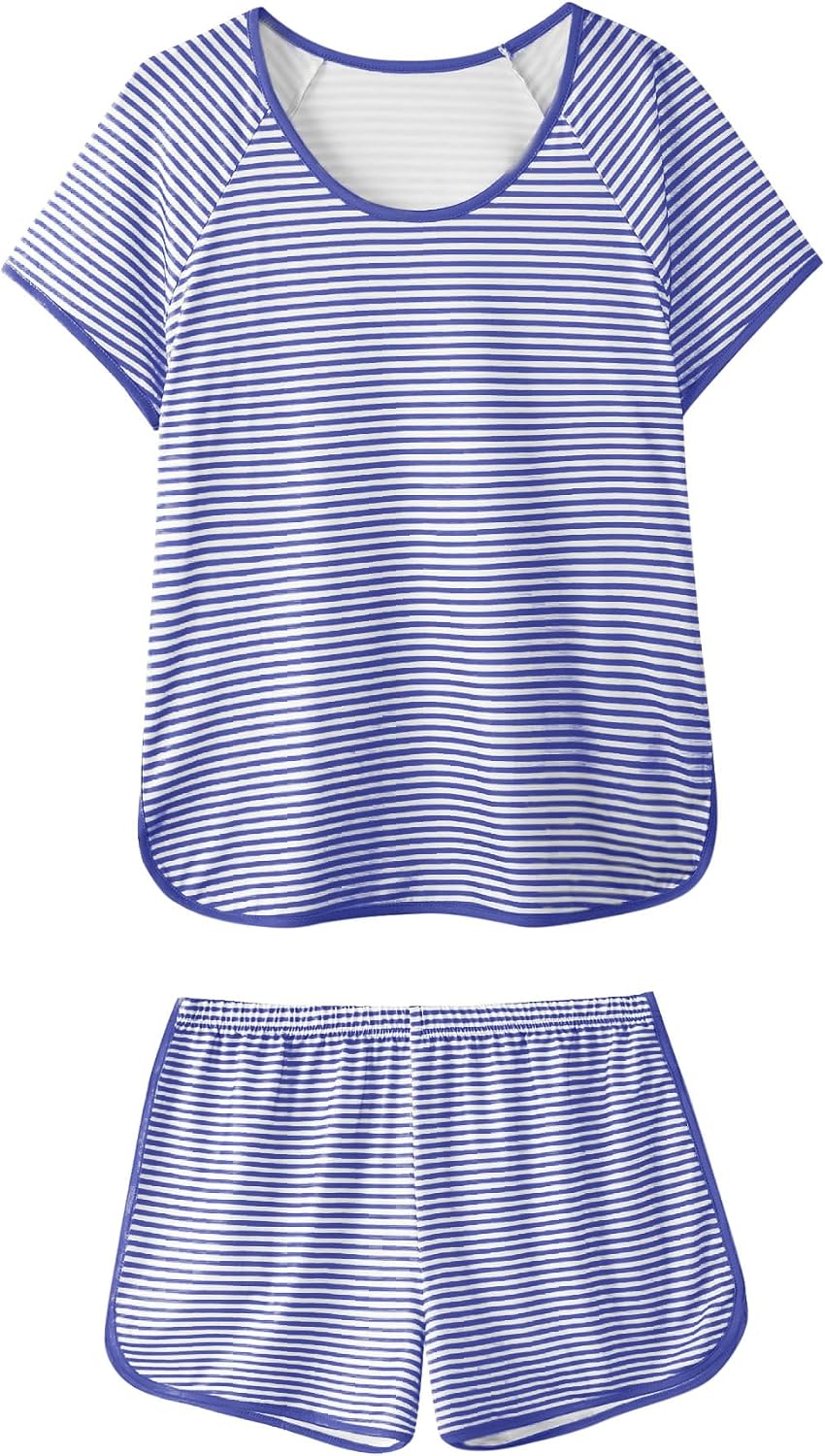 Hilinker Women Striped Pajama Set Short Sleeve Top with Shorts Sleepwear Pjs 2 Piece Lounge Sets