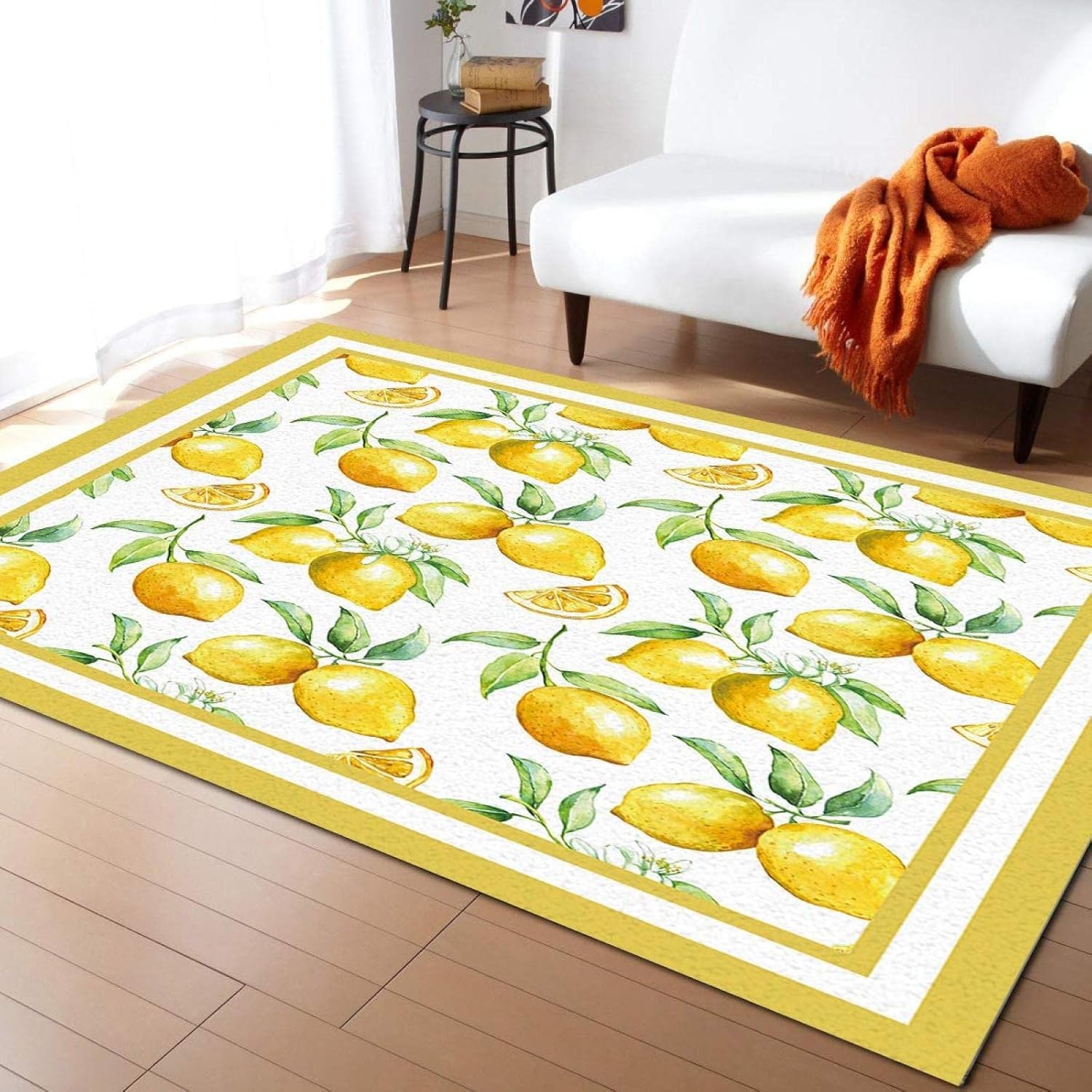 Teppich Wohnzimmer 120 x 170 cm Waschbar gelbe Zitrone, Outdoor Teppiche Kurzflor 3D Obst, Carpet Flauschig gelbe Zitrone E-F62
