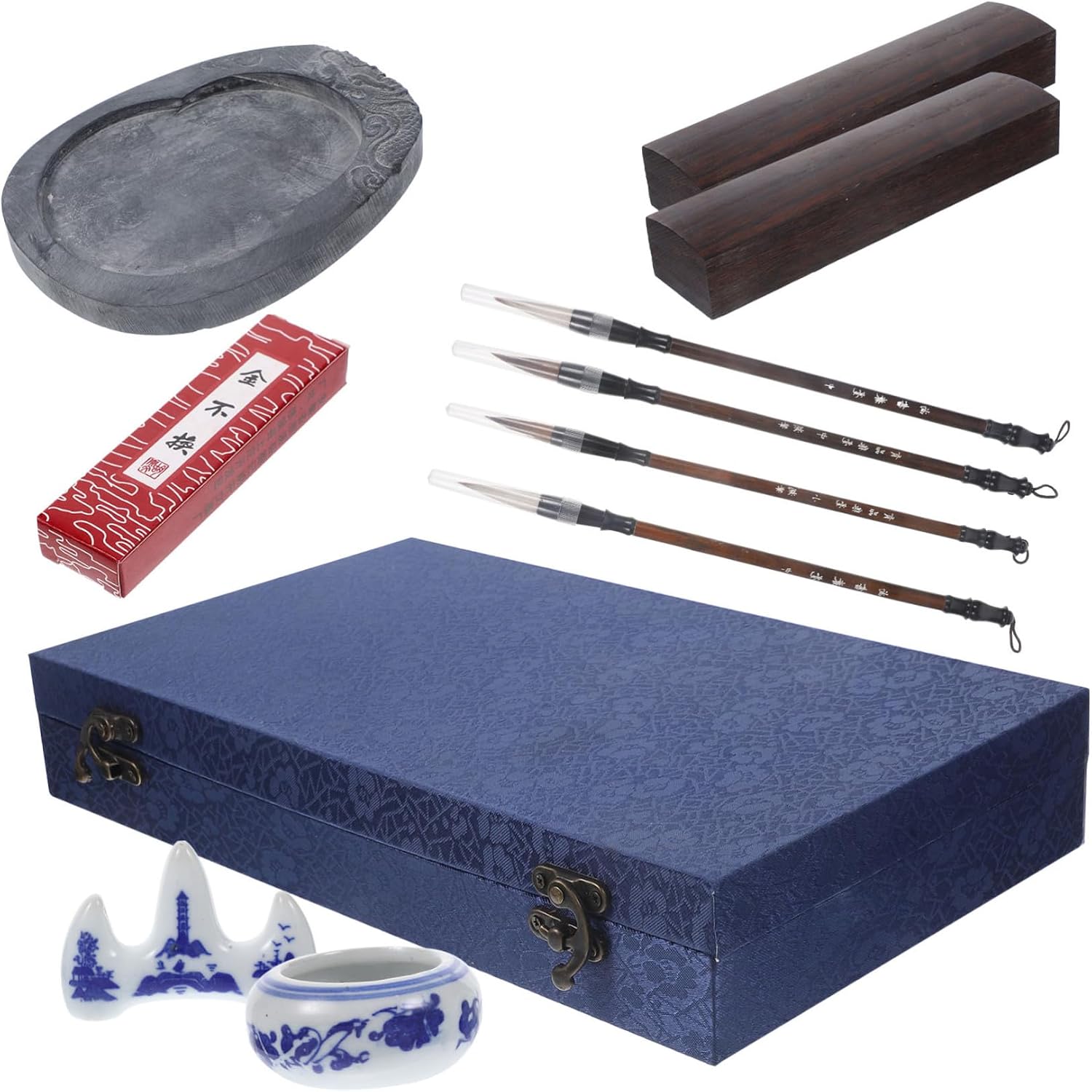 Ciieeo 1set Chinese Calligraphy Writing Brushes Portable Ink Stone and Ink Stick for Student Practice Set Elegant Blue Brocade Box