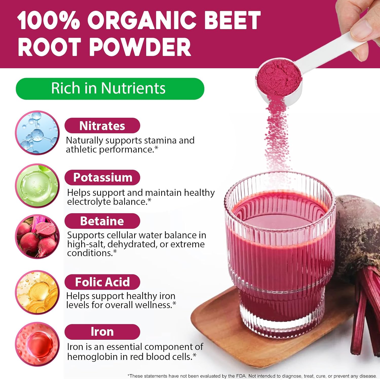 Beet Root Powder - Beetroot Powder Drink Mix for Smoothies, Baking & Juice, Natural Energy Boost, Cold Pressed, Water Soluble (1) - Image 2