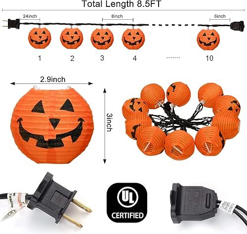 Miniatura 2 de Guirnalda de luces de calabaza de Halloween, 8.5 pies con 10 bombillas de calabaza naranja, luces colgantes al aire libre para decoración de fiesta
