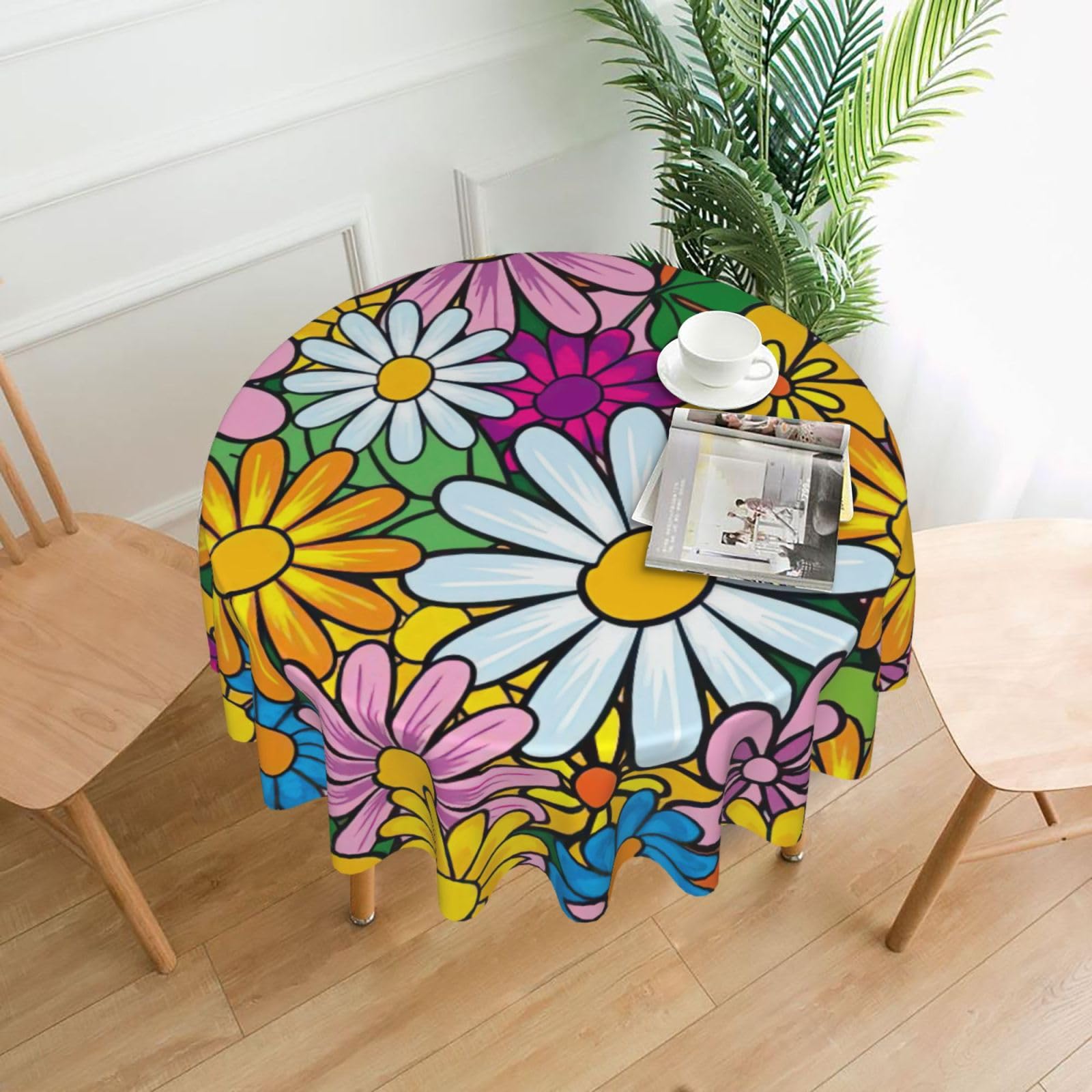 SDEGTHO Cartoon cute flowers Print Modern Retro Round Tablecloth 60in Polyester Fabric Cover for Party Dining Table Washable