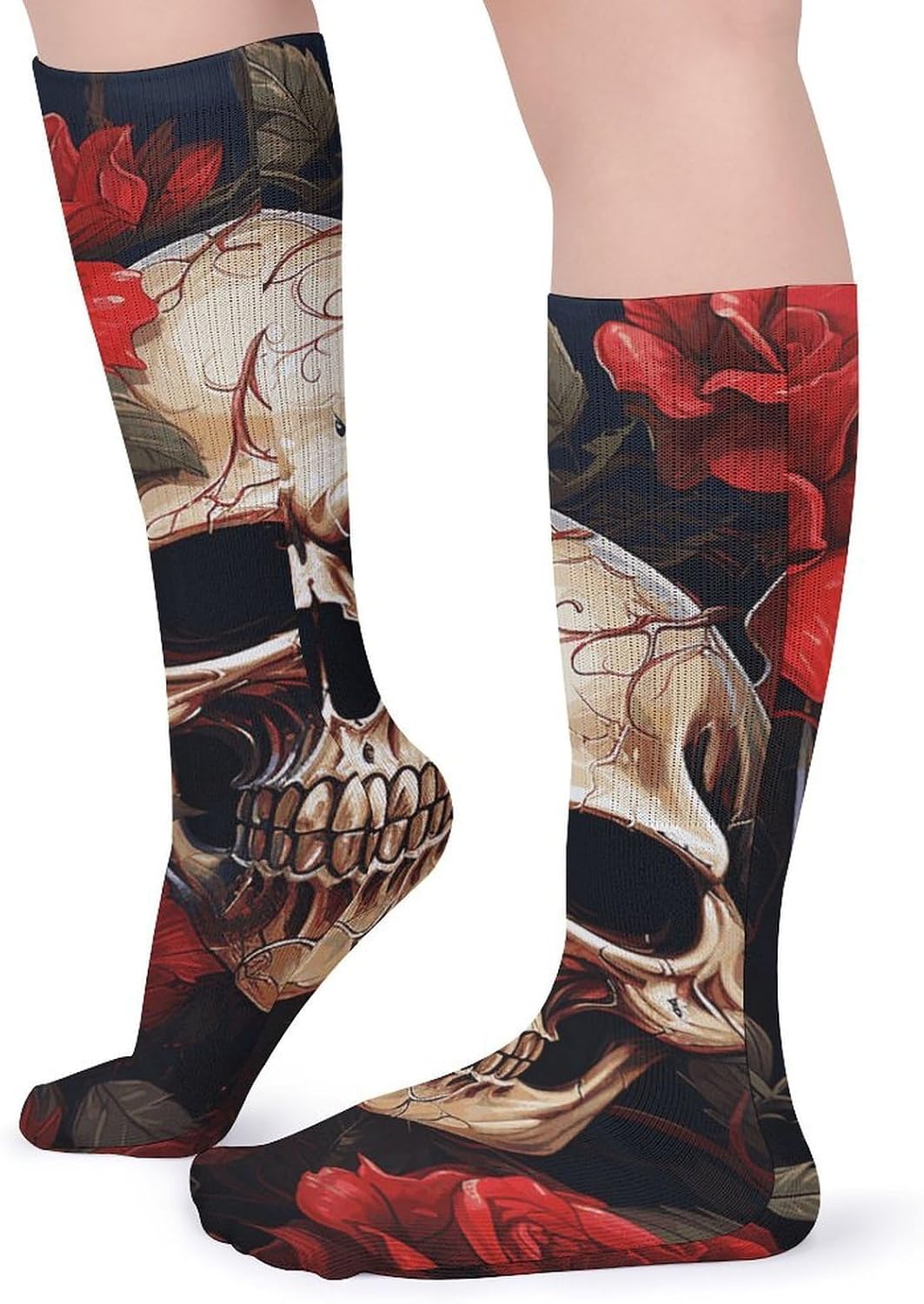 5-Pack Knee High Socks, 15.7 Inch Breathable Casual Socks Skull Rose-Red Stockings for Men Women