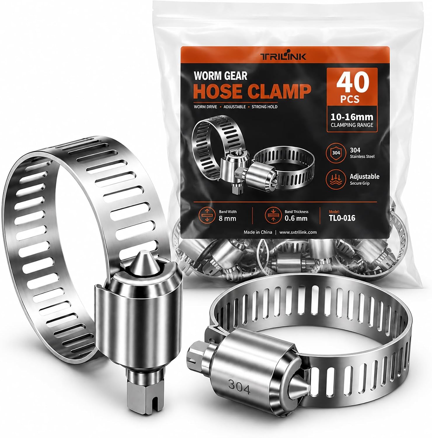 Hose Clamps, 40 Pack 16-25 mm Stainless Steel Worm Gear Hose Clamp, Adjustable Metal Hose Clamp for Automotive, Plumbing & Household Repair, Secure Leak-Resistant Hose Connections
