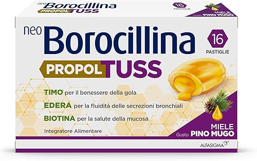 Neo Borocillina Propoltuss, Integratore Alimentare per i primi sintomi della tosse e il benessere della gola, 16 Pastiglie, Gusto Pino Mugo Generico - integratore