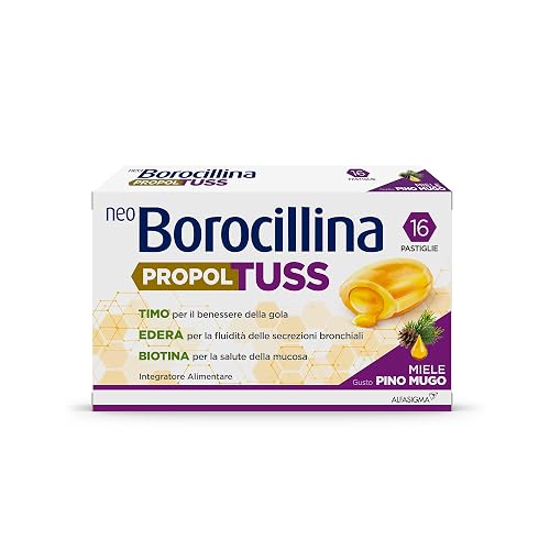 Neo Borocillina Propoltuss, Integratore Alimentare per i primi sintomi della tosse e il benessere della gola, 16 Pastiglie, Gusto Pino Mugo NEO BOROCILLINA - integratore