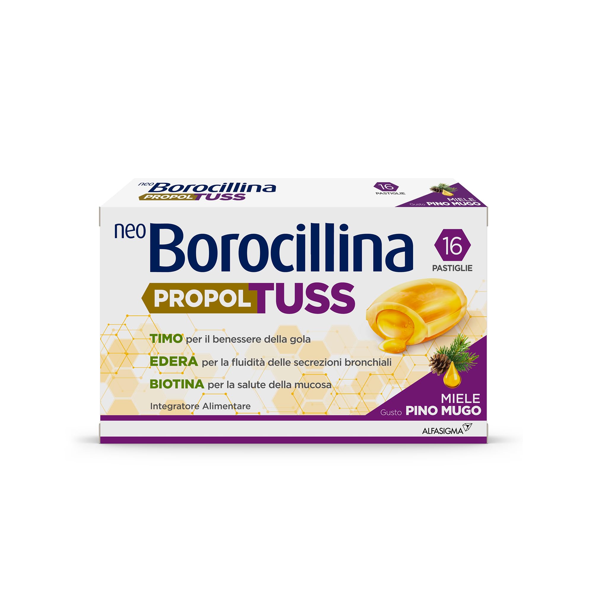 Neo Borocillina Propoltuss, Integratore Alimentare per i primi sintomi della tosse e il benessere della gola, 16 Pastiglie, Gusto Pino Mugo
