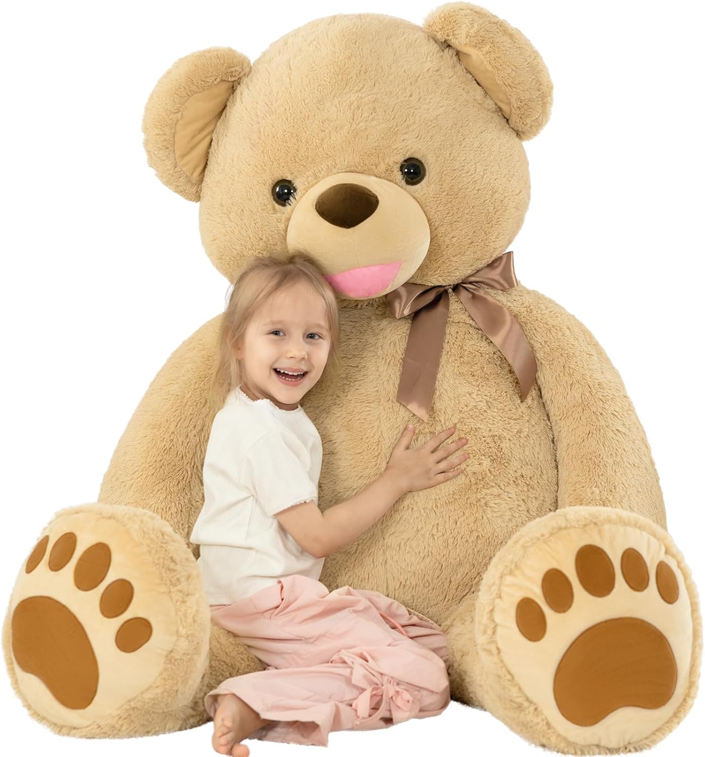 Tezituor Giant Teddy Bear Plush Toy 5 Feet - Soft & Cuddly Light Brown Bear Stuffed Animal with Big Paws and Bow Tie, for Girls, Boys, or Valentine's Day