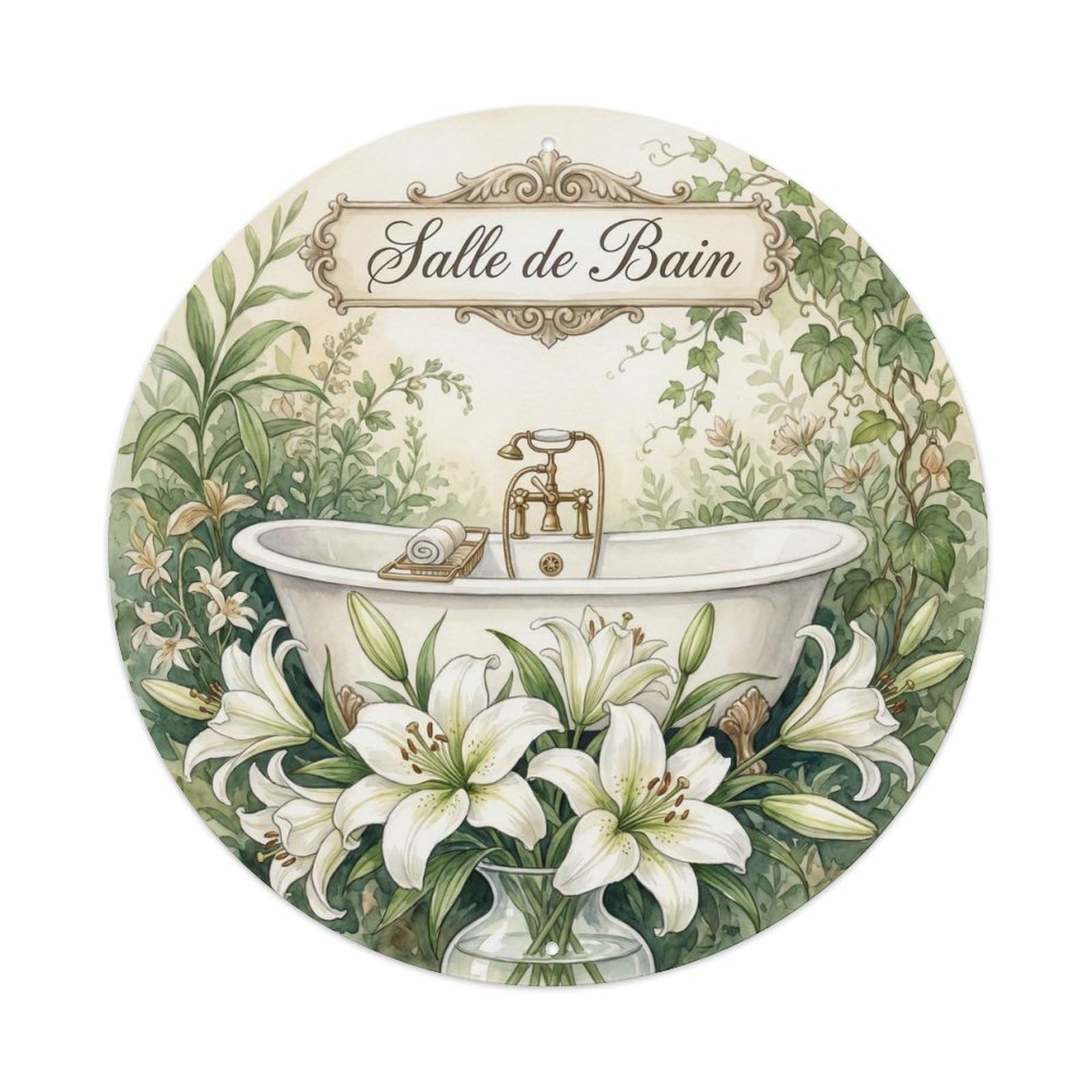 Yrnq Vintage Style Salle Lily Elegant Bathroom Decor Vintage Metal Tin Sign Plaque Wall Decor For Cafe, Club, Garden Round Metal Poster 8X8inch