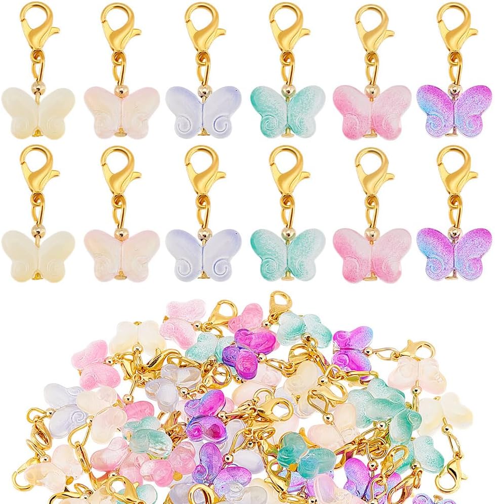 PH PandaHall 60pcs Glass Butterfly Dangle Charm Set, 6 Colors Clip-on Stitch Markers, Transparent Butterfly Pendants with Lobster Clasps for Knitting DIY Earrings & Necklace Jewelry