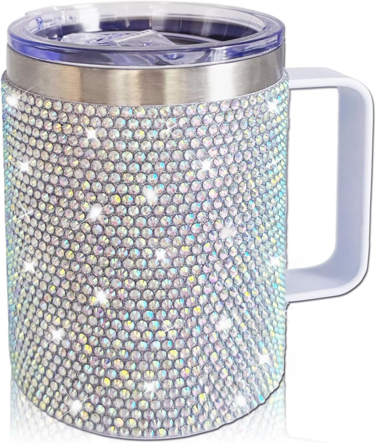 12oz Bling Travel Coffee Mug with Handle and Lid Rhinestone Insulated Coffee Mug Stainless Steel Vacuum Reusable Glitter Coffee Tumbler Thermal Cup for Home and Office (Northern Light)