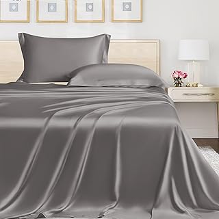 LINENWALAS King Fitted Sheet with Pillowcases, 100% Organic Bamboo Silk Fitted Sheet for King Size Bed, Up to 16 Inch (40 cm) Deep Pocket, Soft, Cooling, Bedding Fitted Sheet (King, Light Grey)