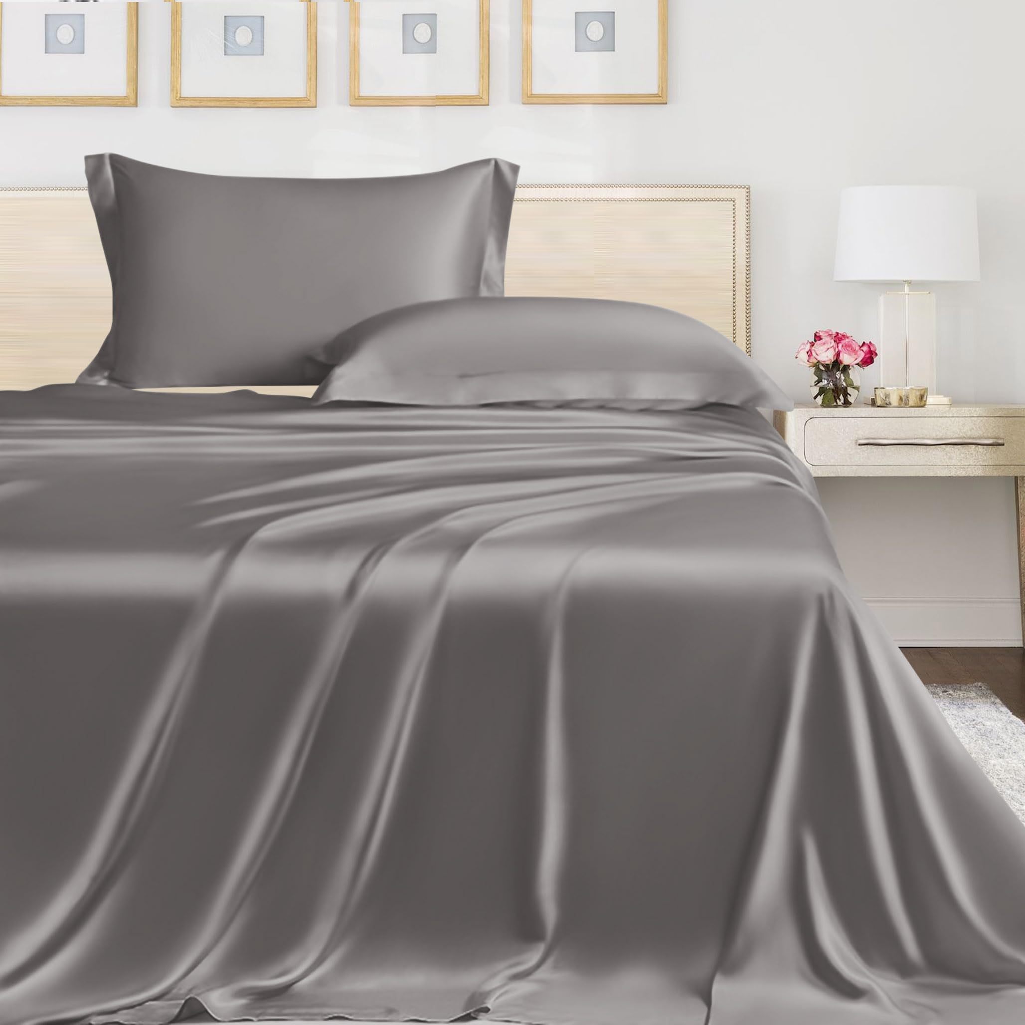 100% Vegan Bamboo Silk Bedsheet Set, Natural Soft and Light-Weight, Best for Hair and Delicate Skin with Pillow Cover, Breathable, (King, Light Grey)