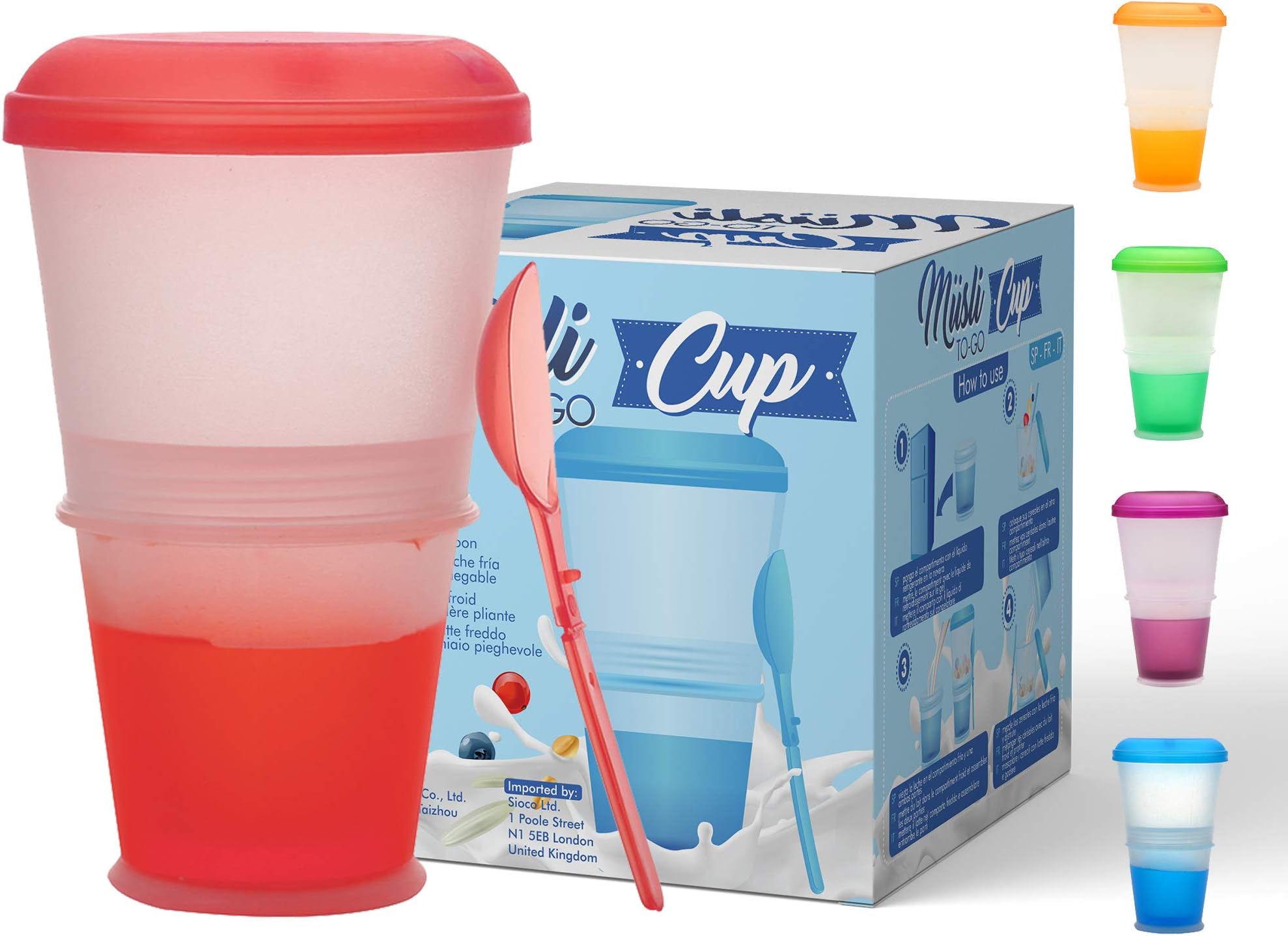 Muesli To Go mug with milk cooler and spoon, cereal mug, yoghurt container, thermo mug, cereal box. red