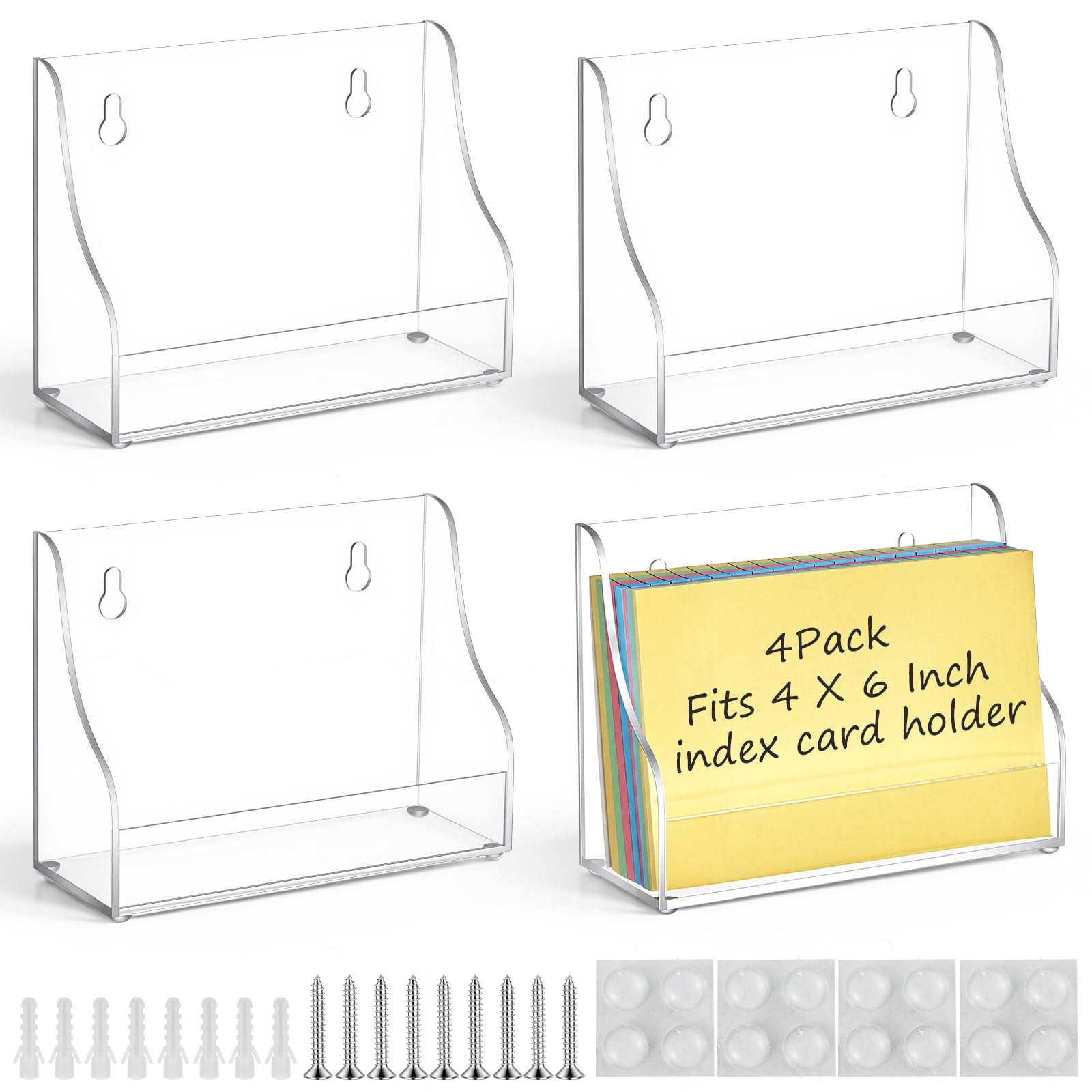 Dunzoom 4 Pack 4x6 Index Card Holder, 2-in-1 Desk &amp; Wall Mounted Acrylic Index Card Display Stand, Includes Screws &amp; Anchors, Clear Notecard Postcard Recipe Organizer for Office, Business, Classroom