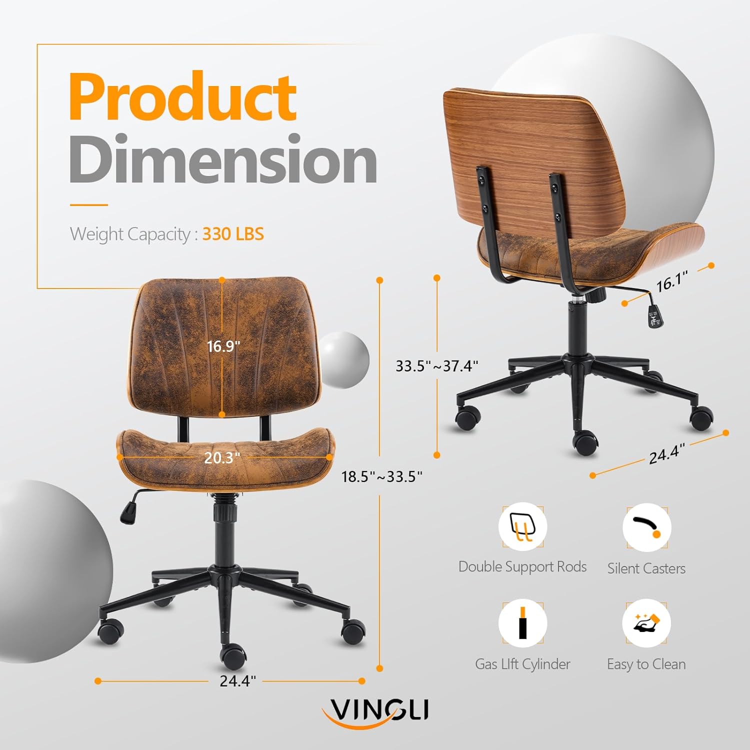 VINGLI Wide Curved Seat&Back Armless Home Office Chair,Ergoromic Adjustable-Height Desk Chair,Swivel&Tilting Function,Stylish Walnut Task Chair for Meeing Room,Dining Room,Vintage Rustic