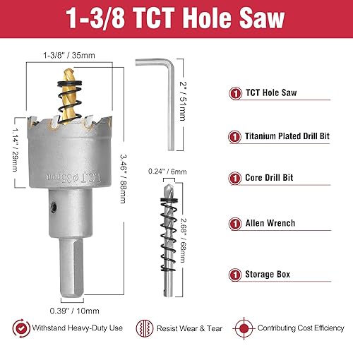 Miniatura 4 de Sierra de agujero de carburo de 1-38 pulgadas con broca central chapada en titanio, sierra de agujero TCT de alta resistencia para acero inoxidable,