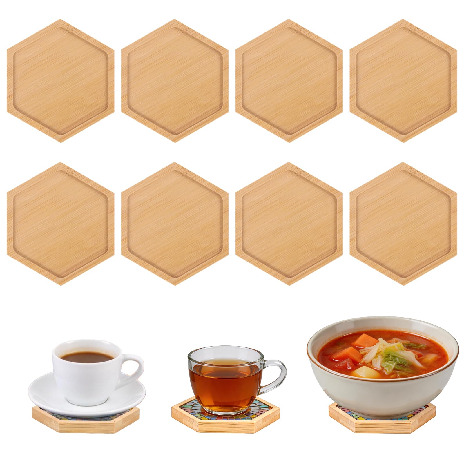 TayBong 8 Pcs Bamboo Coasters, 12 x 10.5 cm Hexagonal Wooden Coasters