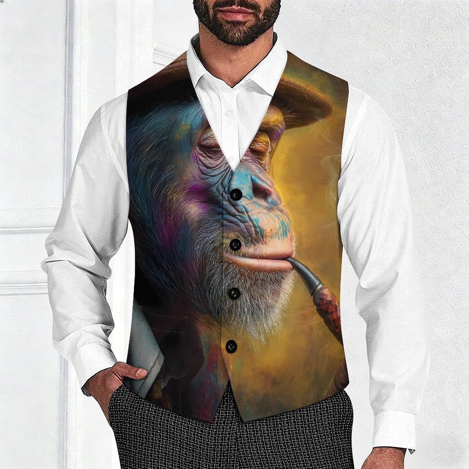 Funny Chimpanzee Monkey Smoking Men's Suit Vest Formal Vests Casual Dress Fit Waistcoat Casual Tuxedo for Business