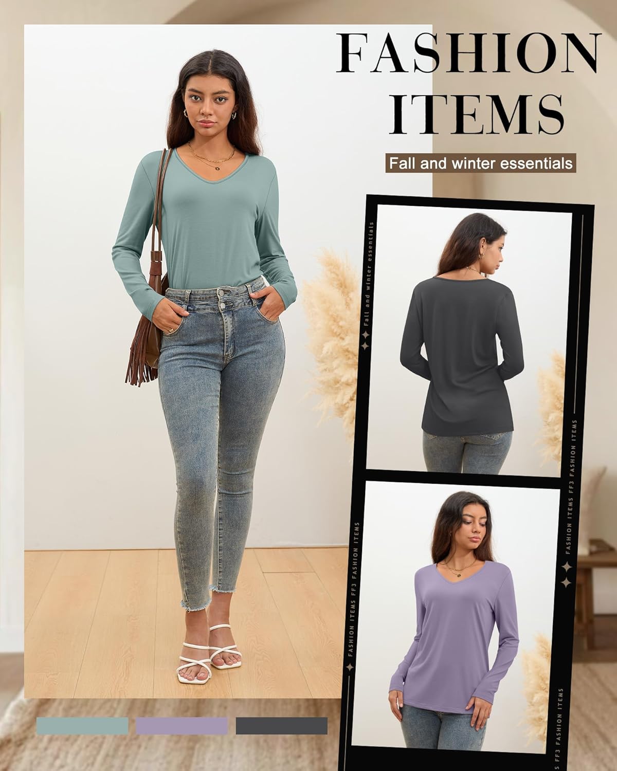 Ficerd 3 Pack Women's Long Sleeve T Shirts, V Neck Basic Tops Fall Casual Trendy Tees Loose Fit Soft Clothes Outfits - Image 6
