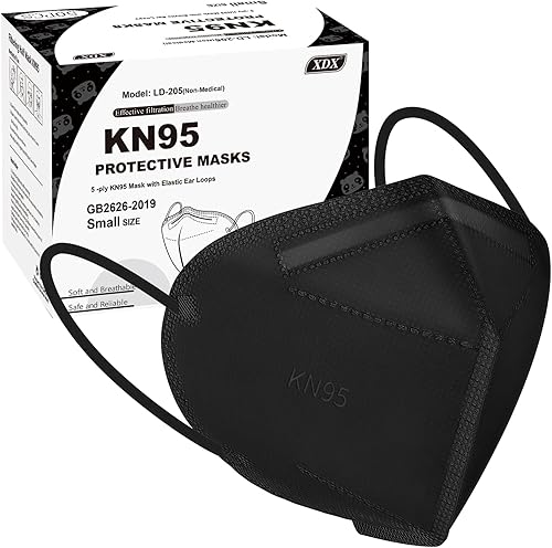 XDX Mascarillas KN95 para niños, paquete de 50 mascarillas desechables negras envueltas individualmente, mascarillas KN95 de 5 capas para niños,