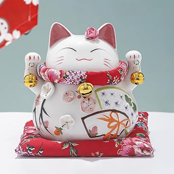 Lucky Cat Ceramics Maneki Neko Waving Arm Chinese Feng Shui Decor Fortune Good Luck Piggy Bank Cat Figurine