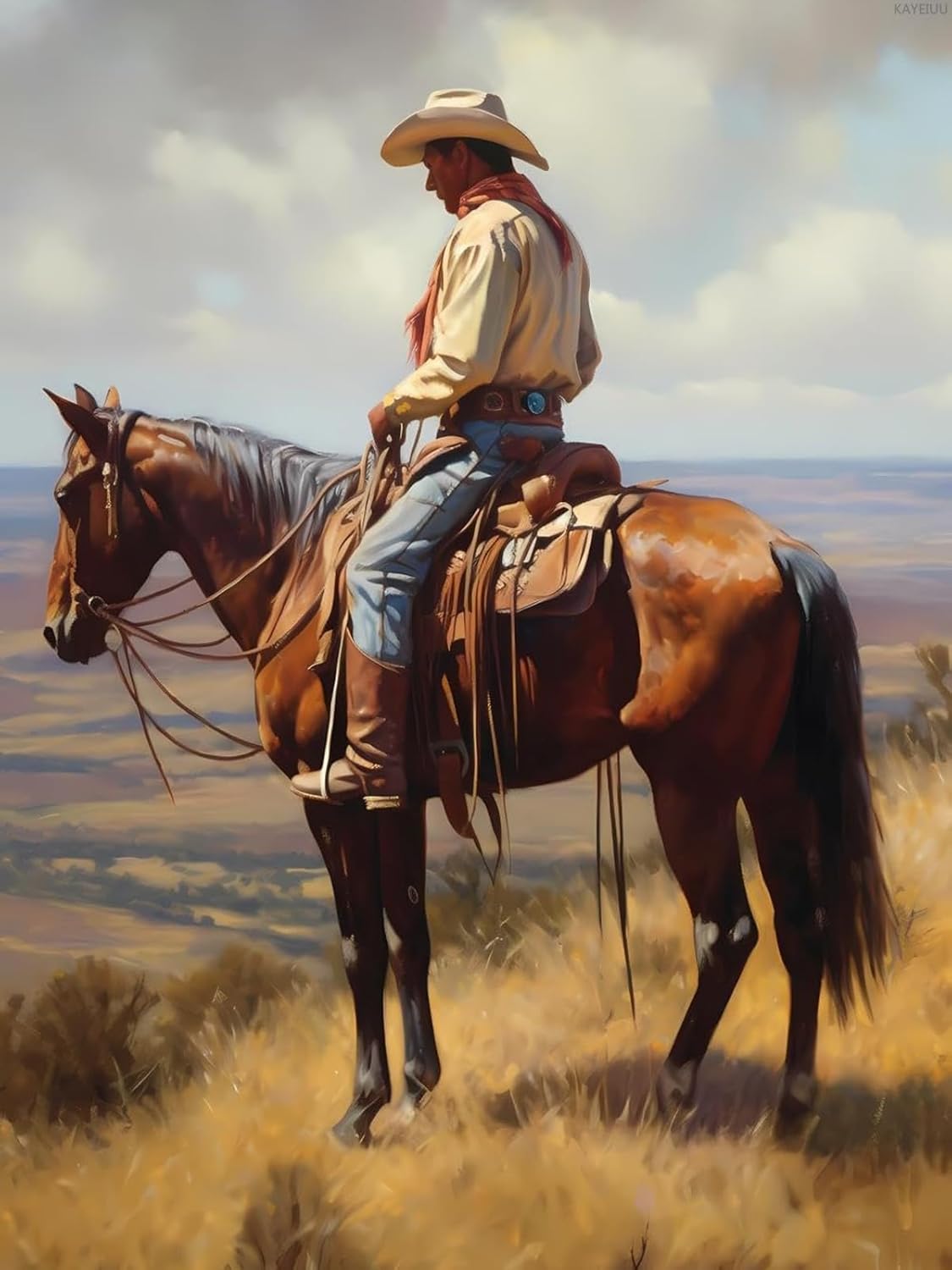 KAYEIUU Diamond Painting Kits for Adults, 5D West Cowboy Riding Horse Diamond Art Kits, Animal DIY Full Drill Crystal Rhinestone Craft Full Round Gemstone Crystal Cross Stitch Kit 12x16 inch