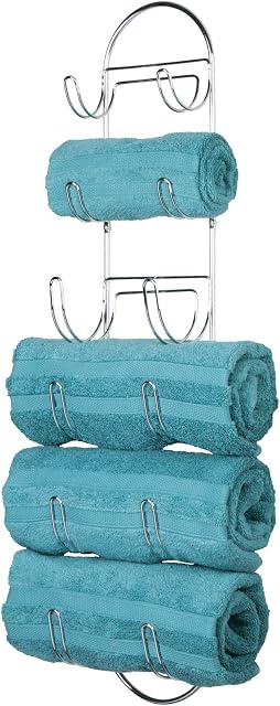 mDesign Wall Mounted Towel Storage Rack - Hanging Caddy for The Bathroom or Bedroom - Modern Hanging Hooks for Bathroom Storage - Chrome