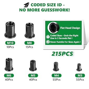215Pcs M3-M10 304 Stainless Steel Black Flat Head Rivet Nuts Kit