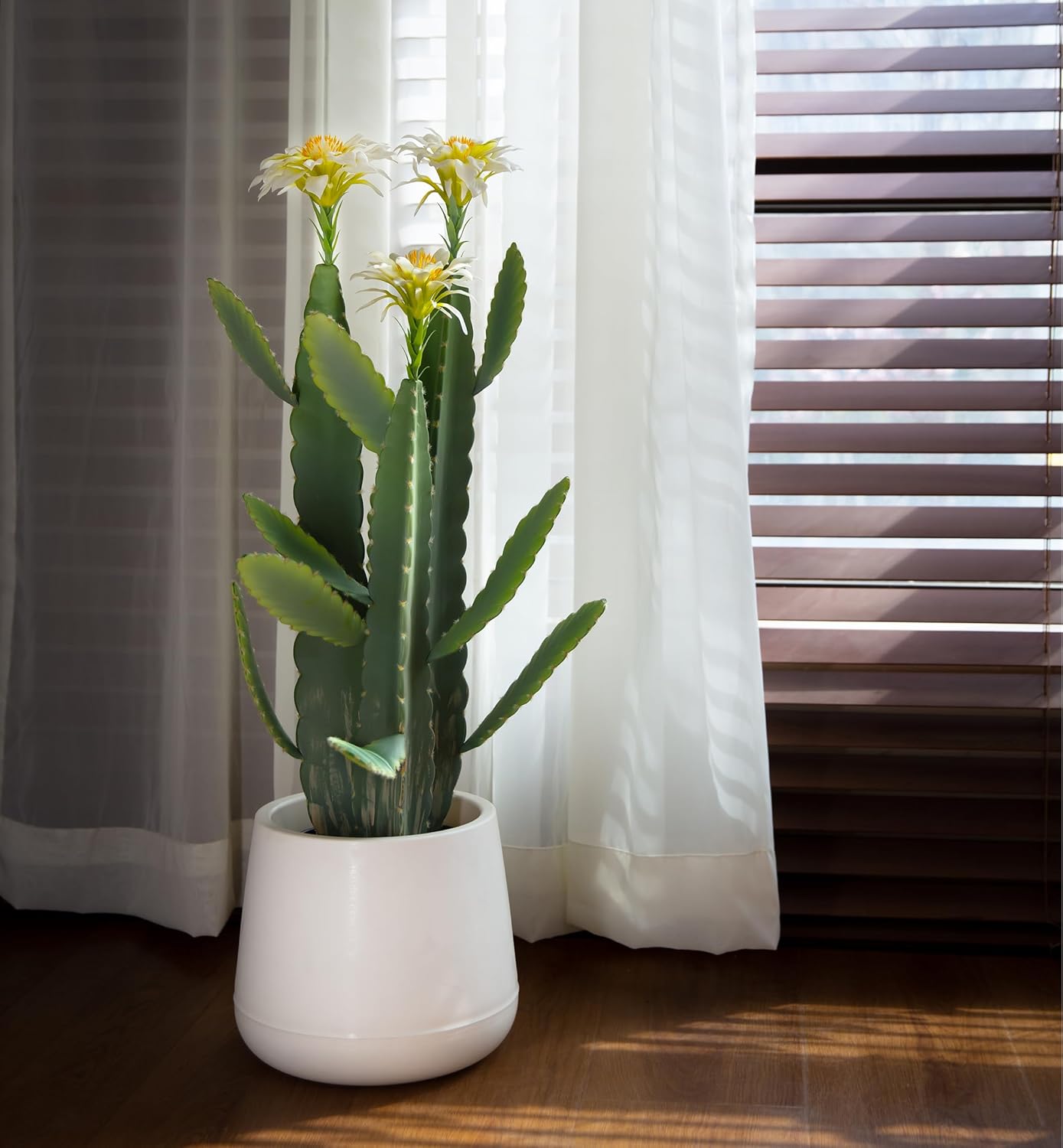 33 Inch Large Artificial Cactus with Lilly White Flowers in Pot with Natural Gravel. Satin Finish Leaves with Real Look and Feel. Outdoor and Indoor Faux Plants.