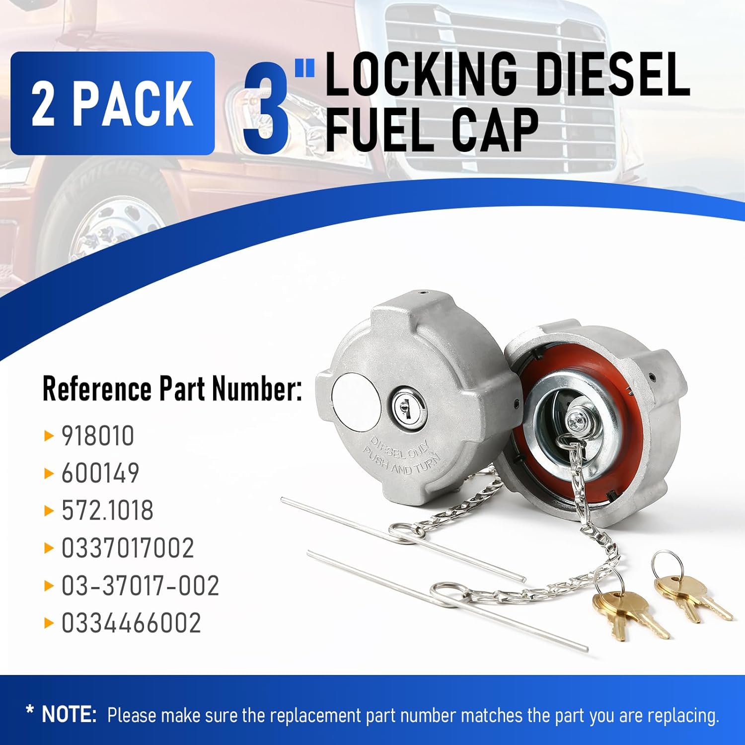 3" Locking Diesel Fuel Tank Cap, 2 Pack, 1/4-Turn Aluminum Fuel Caps with Keys for Freightliner Cascadia/Columbia/Century/Coronado/M2-112, Replaces 572.1018, 03-37017-002, 600149
