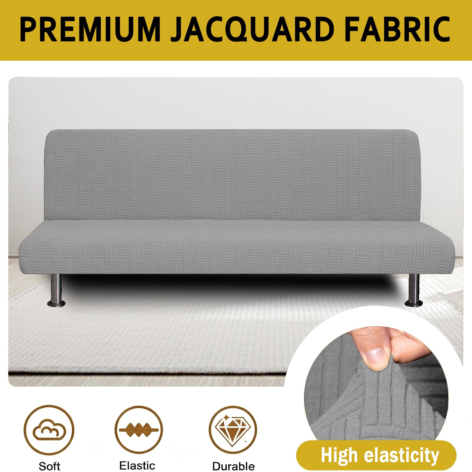 Funda Elástica Jacquard para Sofá Cama Plegable sin Brazos de 3 Plazas, Lavable, Protector Ajustable Suave, Cubierta Total Mueble Futón Clic Clac (Gris Claro)