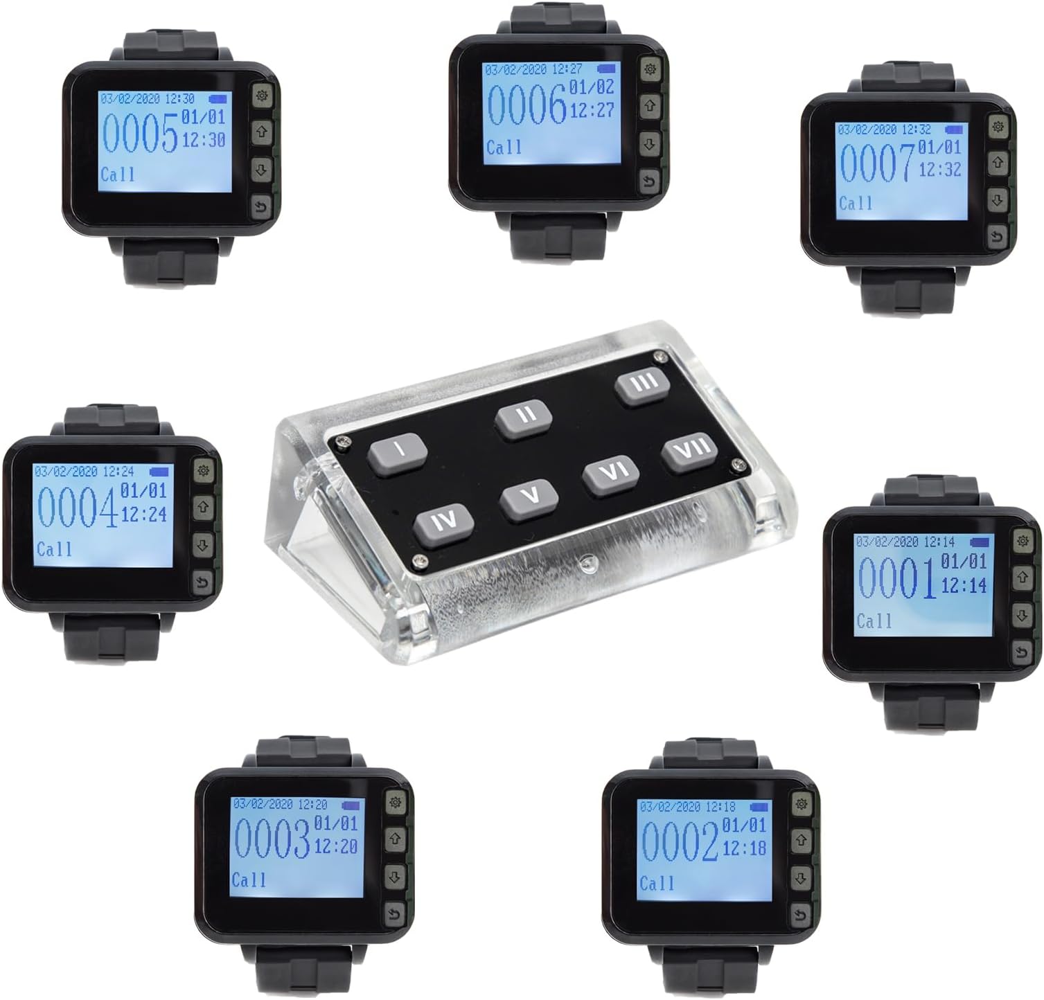 Pager System for Restaurant Servers - Wireless Calling System, Restaurant Pager System, Kitchen Paging Waiter System, Wide Range, 7 Watch Receivers, 1 7-Key Call Button for Coffee, Shops, Factories