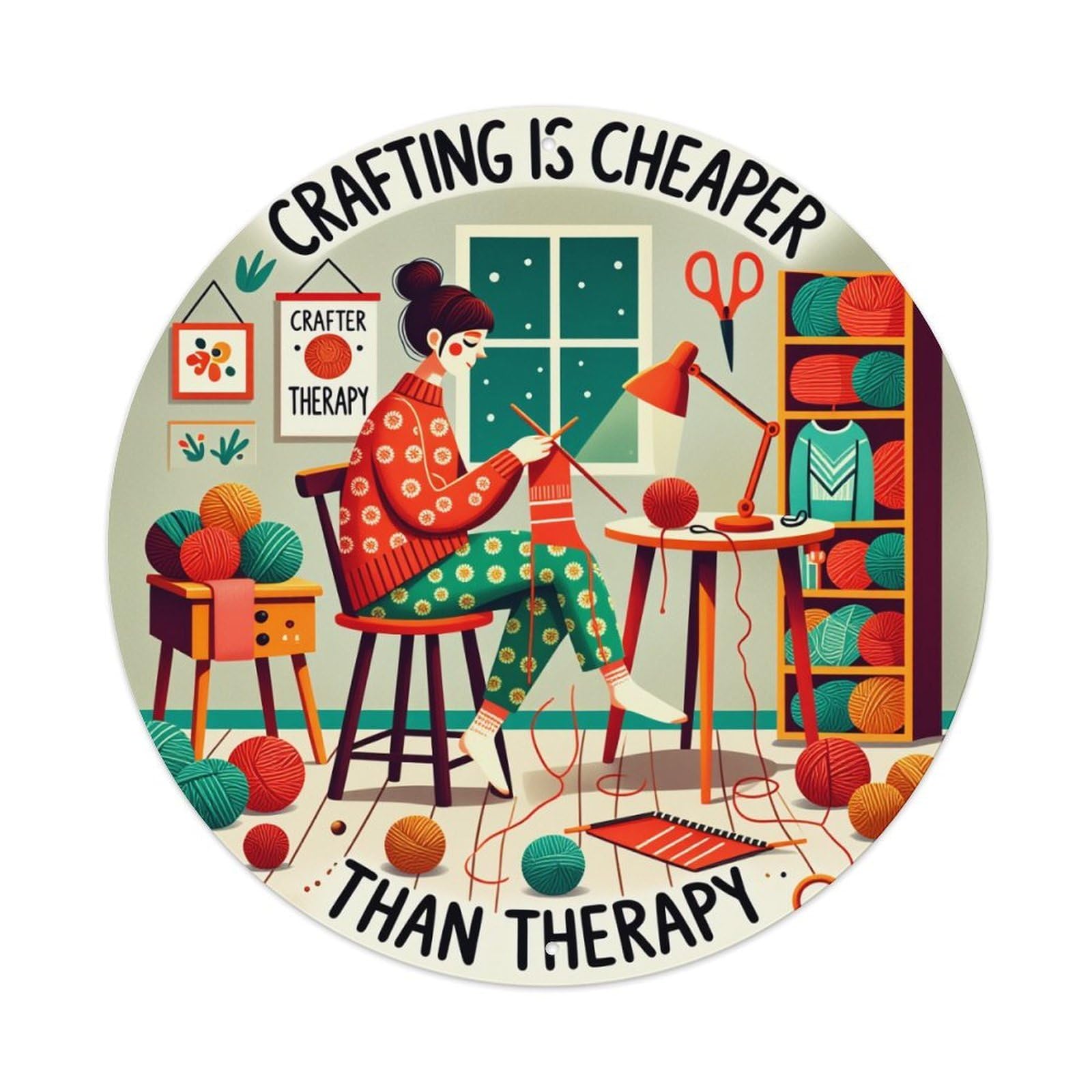 Crafting Is Cheaper Than Therapy Round Tin Sign Vintage Metal Poster, Home Bar Garage Man Cave Cafe Indoor & Outdoor Wall Decoration 8x8Inches