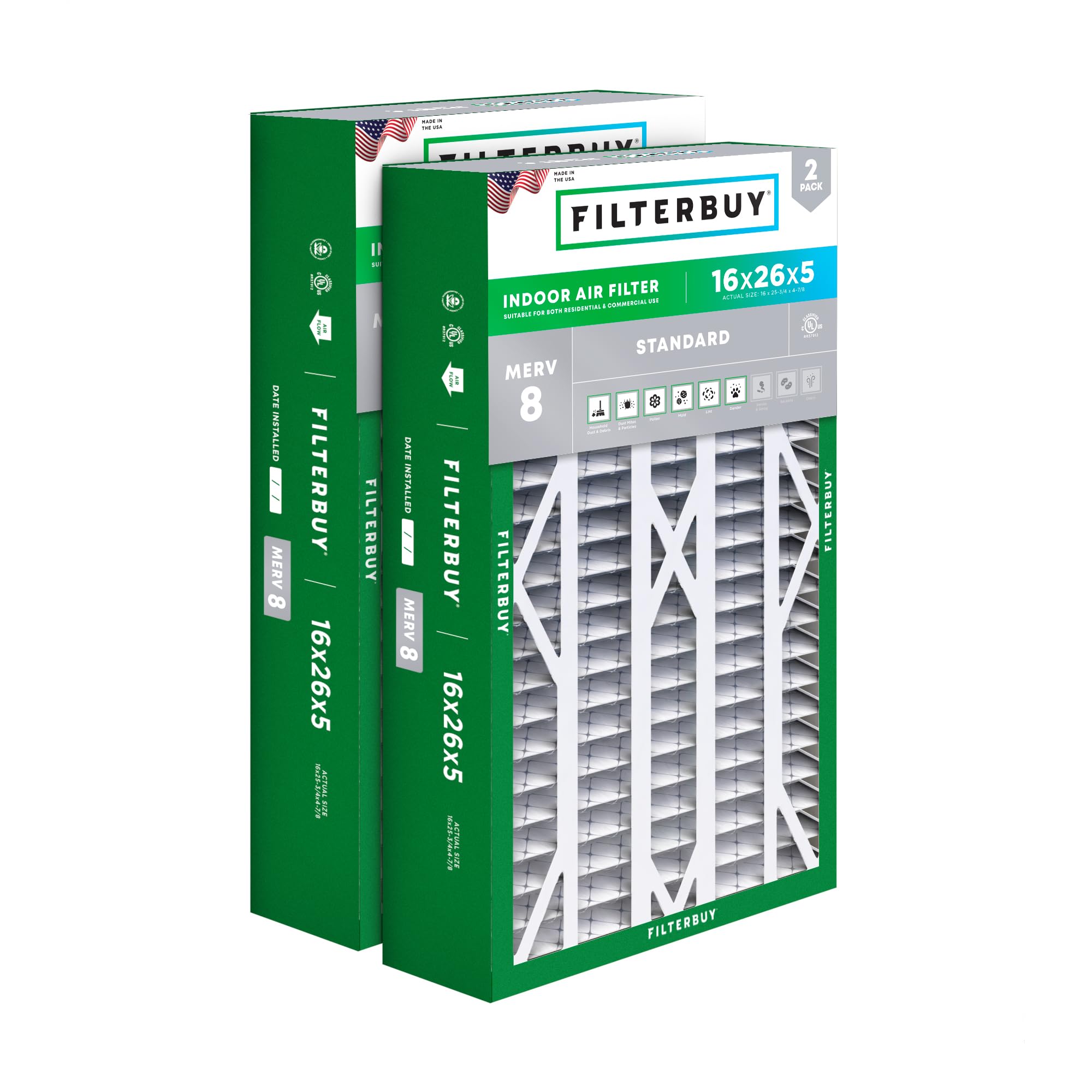 Filterbuy 16x26x5 Air Filter MERV 8 Dust Defense (2-Pack), Pleated HVAC AC Furnace Air Filters for Electro-Air, Emerson, White Rodgers, & Comfort Plus (Actual Size: 16.00 x 25.75 x 4.88 Inches)
