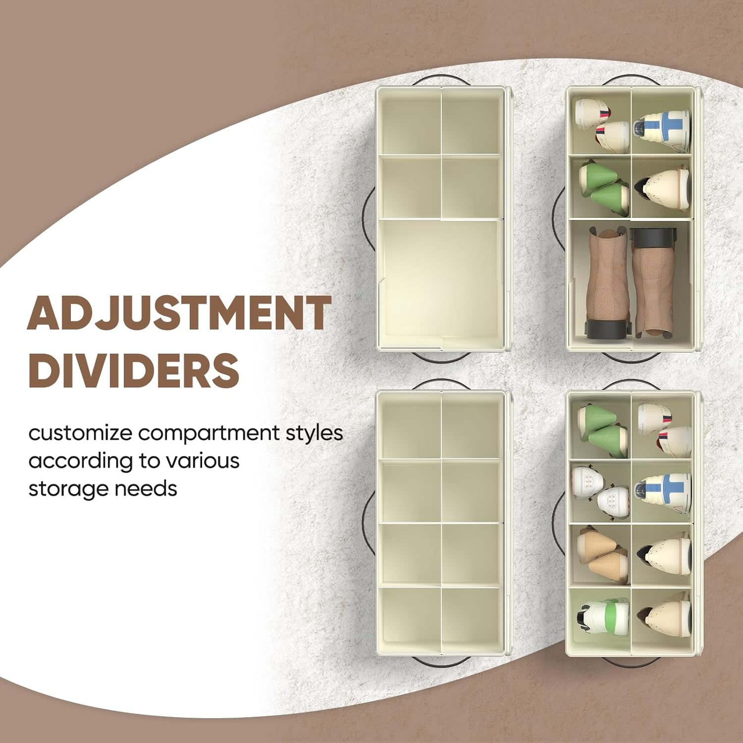 OIAHOMY 4 Pack Shoe Organizer for Closet, Foldable Shoe Storage Bins with Adjustable Dividers, Stackable Oxford Cloth Sneaker Boxes for Entryway Bedroom, Fits Up to 32 Pairs, Beige