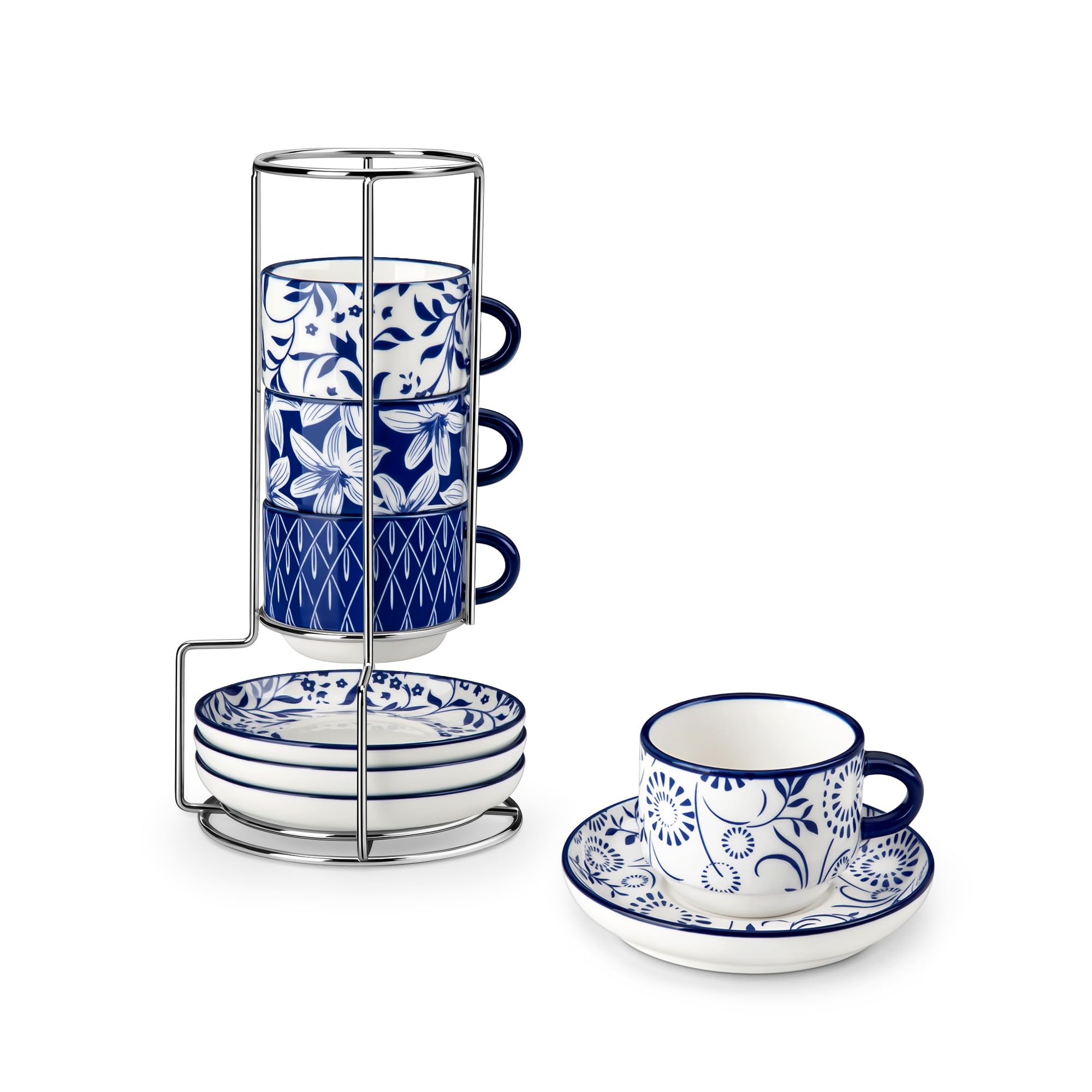 vancasso Espressotassen Set, SELENE Espresso Tassen Set mit Untertasse & Ständer, Stapelbar Dickwandig Kaffeetassen aus Porzellan für Cappuccino, Latte und Tee, Vintage blau-weiß (4 x 90 ml)
