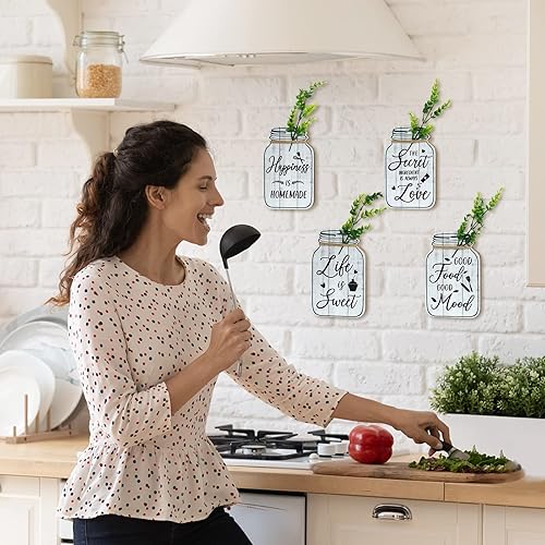 Vista 2 de Bnesi Decoración de pared de cocina, decoraciones rústicas de granja, 4 piezas de tarro de madera rústica decoración de cocina para pared (beige)