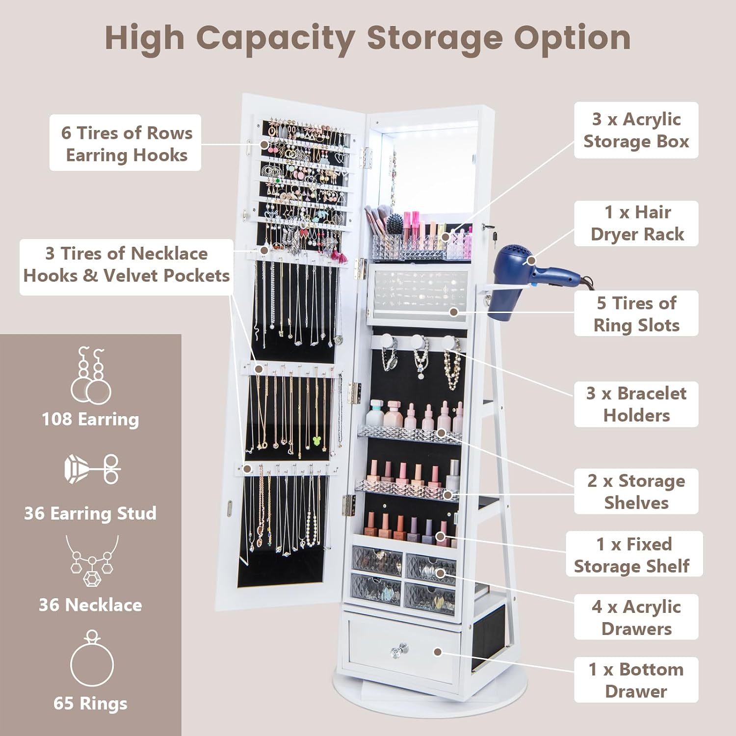 GOFLAME 360° Rotating Jewelry Cabinet with Full Length Mirror, Standing LED Mirror Jewelry Armoire, Lockable Jewelry Organizer with Hair Dryer Rack, Back Storage Shelves, Inner Makeup Mirror, White