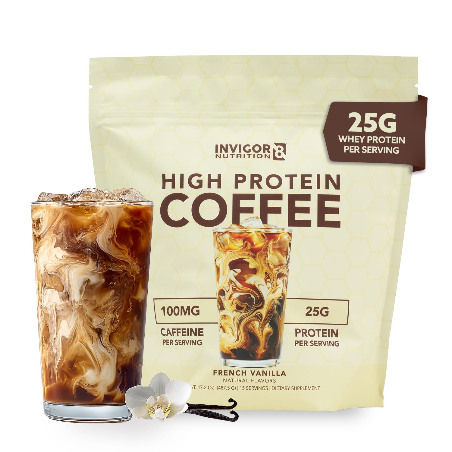 High Protein Coffee Powder 25 Grams Whey Isolate100mg Natural Green Tea Caffeine | 0 Added Sugar Keto Gluten Free 99.9% Lactose Free | Hot or Iced15 Serving 15 Servings (17 OZ, French Vanilla)