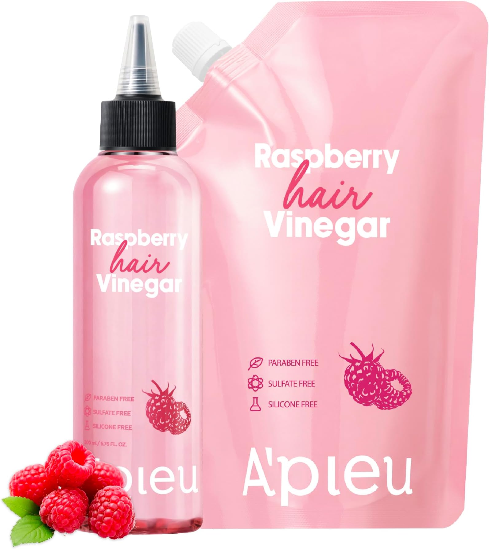 A'PIEU Raspberry Hair Vinegar Rinse & Refill Bundle 6.76 + 13.6 fl oz - Scalp Treatment for pH Balance, Hair Growth | Clarifying, Dandruff & Oil Control | Silky, Shiny Hair