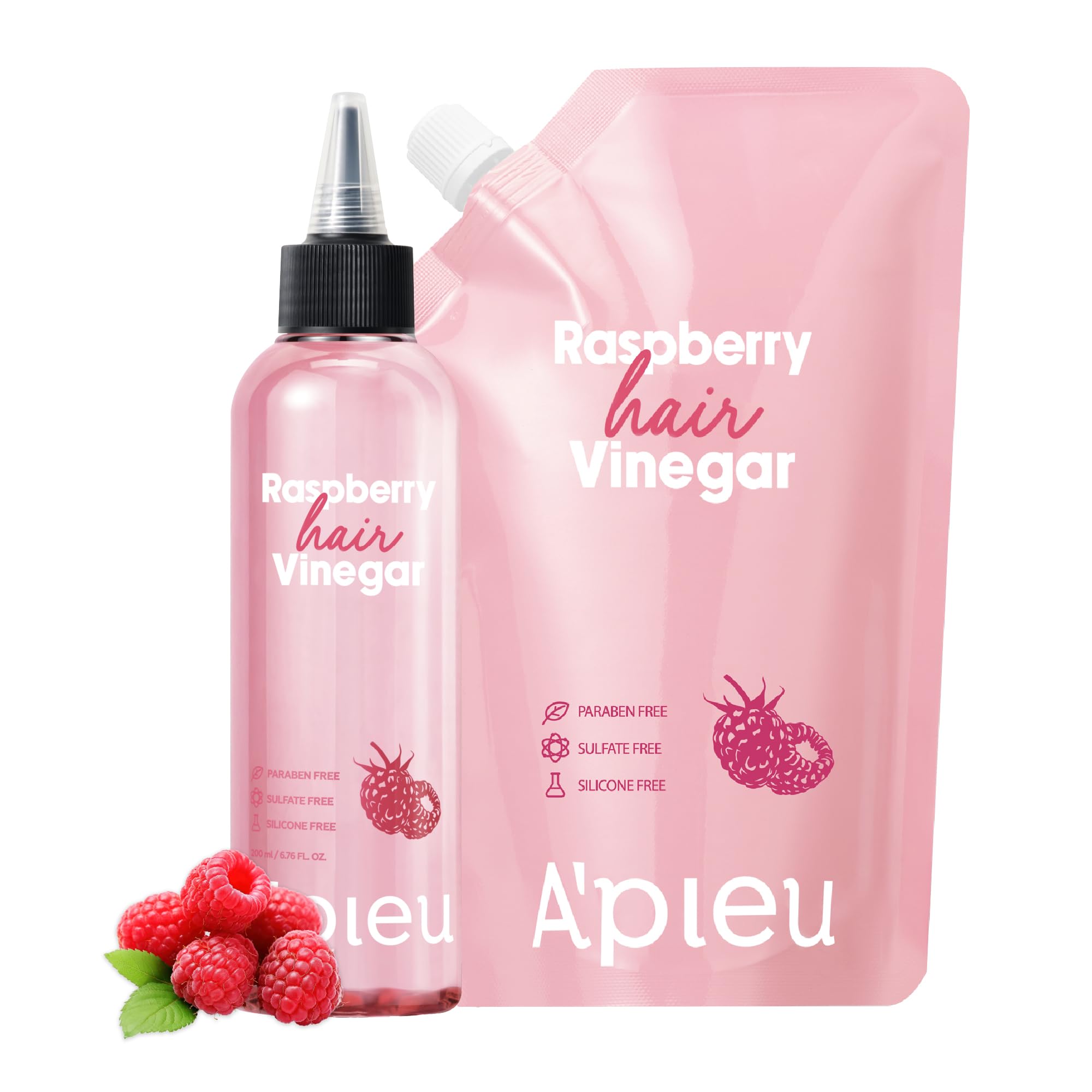 Raspberry Hair Vinegar Rinse & Refill Bundle 6.76 + 13.6 fl oz - Scalp Treatment for pH Balance, Hair Growth | Clarifying, Dandruff & Oil Control | Silky, Shiny Hair