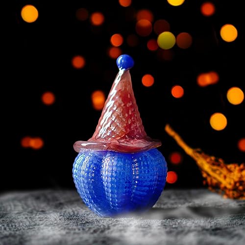 Miniatura 4 de QFkris Sombrero de bruja de vidrio soplado a mano de 7 pulgadas, figuras coleccionables de calabaza, adorno de pisapapeles de calabaza de cristal